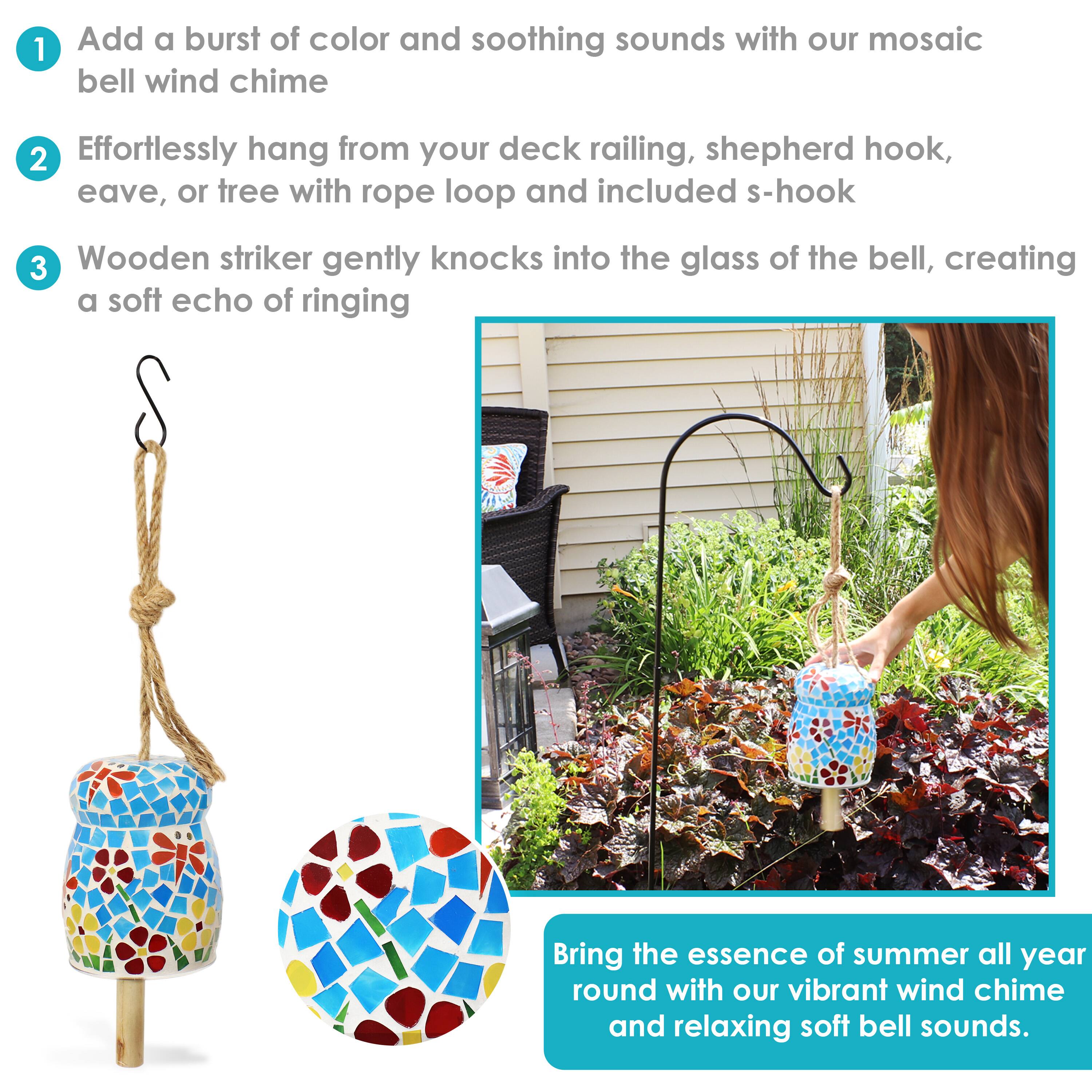 1. Add a burst of color and soothing sounds with our mosaic bell wind chime.
2. Effortlessly hang from your deck railing, shepherd hook, eave, or tree with rope loop and included s-hook.
3. Wooden striker gently knocks into the glass of the bell, creating a soft echo of ringing.

Bring the essence of summer all year round with our vibrant wind chime and relaxing soft bell sounds.