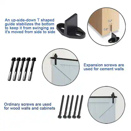 An up-side-down T shaped guide stabilizes the bottom to keep it from swinging as it's moved from side to side
Expansion screws are used for cement walls
Ordinary screws are used for wood walls and cabinets