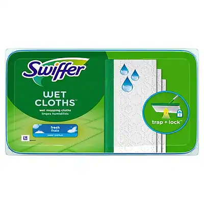 Swiffer WET CLOTHS
wet mopping cloths
linges humidifiés
fresh frais
trap + lock