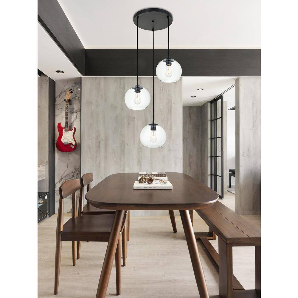 Back. Living District - Baxter 3 Lights Black Pendant With Clear Glass - Black And Clear.