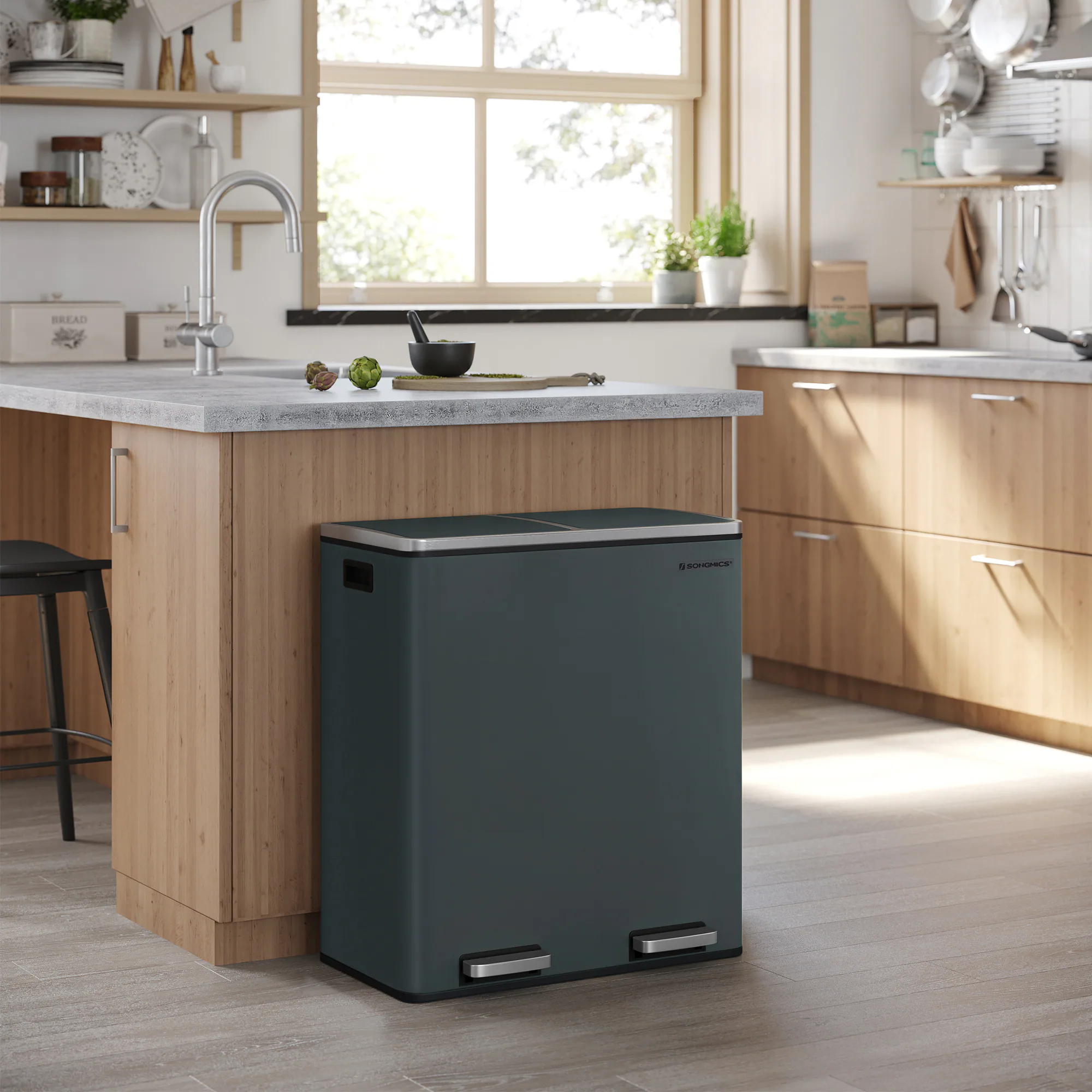 Left. Songmics Home - Trash Can, 2 x 8 Gallon (2 x 30 L) Garbage Can for Kitchen, with 15 Trash Bags, 2 Compartments - Greenish-Gray.