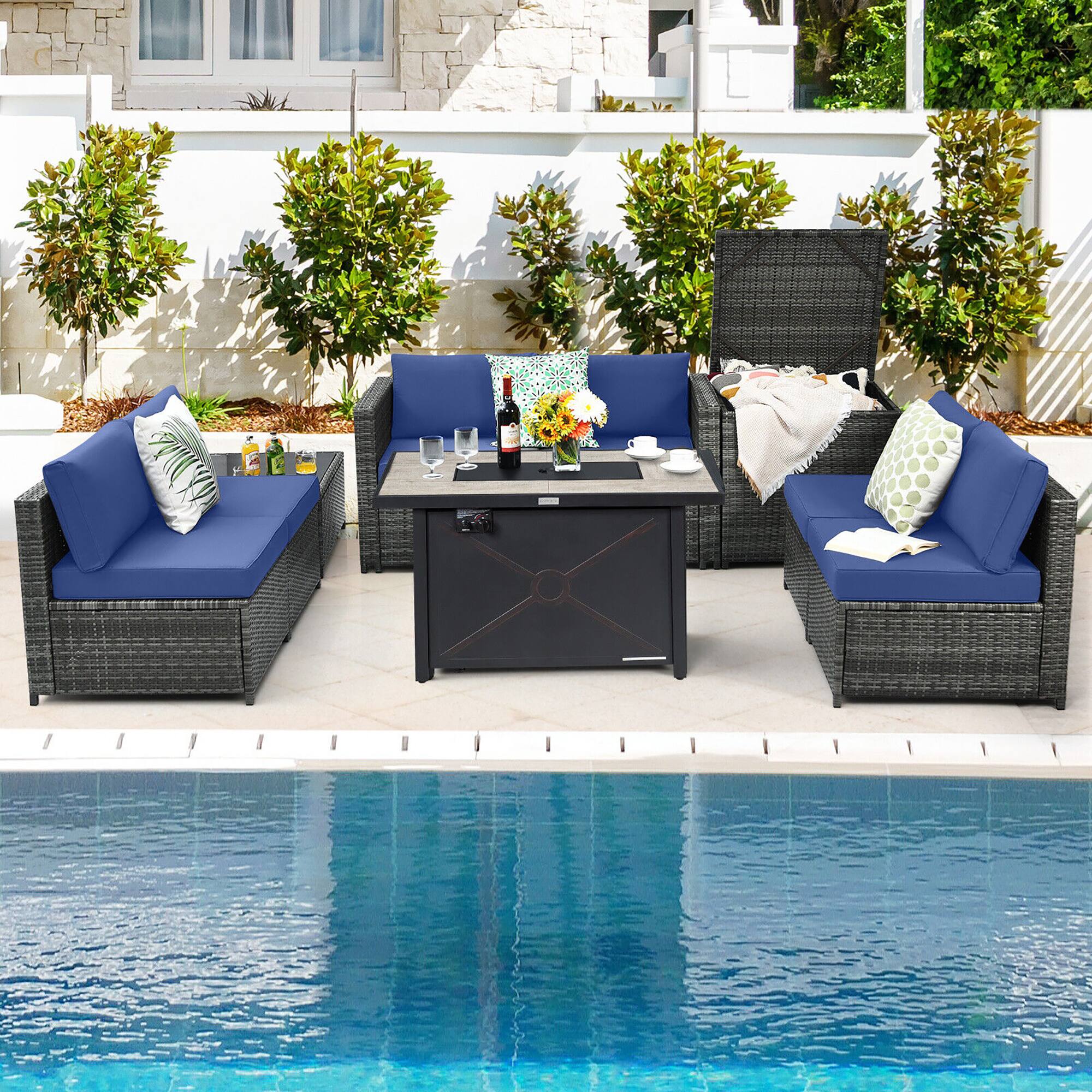 Alt View 2. Gymax - Gymax 9 PCS Patio Rattan Furniture Set Fire Pit Table Storage Black W/ Cover Navy - Navy.