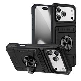Dteck - Rugged Case For Apple iPhone 17 Pro Max Ring Holder Kickstand Magnetic Car Mount Hidden Card Slot Shockproof Cover - Black
