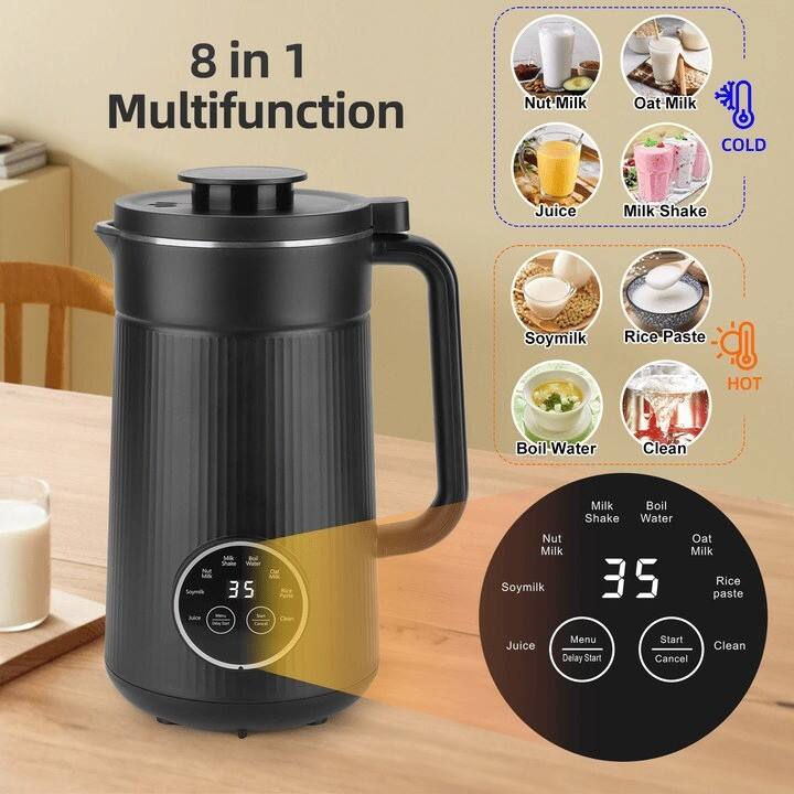 8 in 1 Multifunction

COLD
- Nut Milk
- Oat Milk
- Juice
- Milk Shake

HOT
- Soymilk
- Rice Paste
- Boil Water
- Clean

35

Menu
Delay Start
Start
Cancel
Clean

Nut Milk
Milk Shake
Soy Milk
Oat Milk
Rice Paste
Juice
Boil Water
Clean