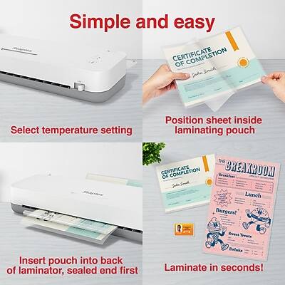 Simple and easy

1. Select temperature setting
2. Position sheet inside laminating pouch
3. Insert pouch into back of laminator, sealed end first
4. Laminate in seconds!

CERTIFICATE OF COMPLETION
Jadn Smith

THE BREAKROOM
Burgers!
Sweet Treats
Lunch
Drinks
