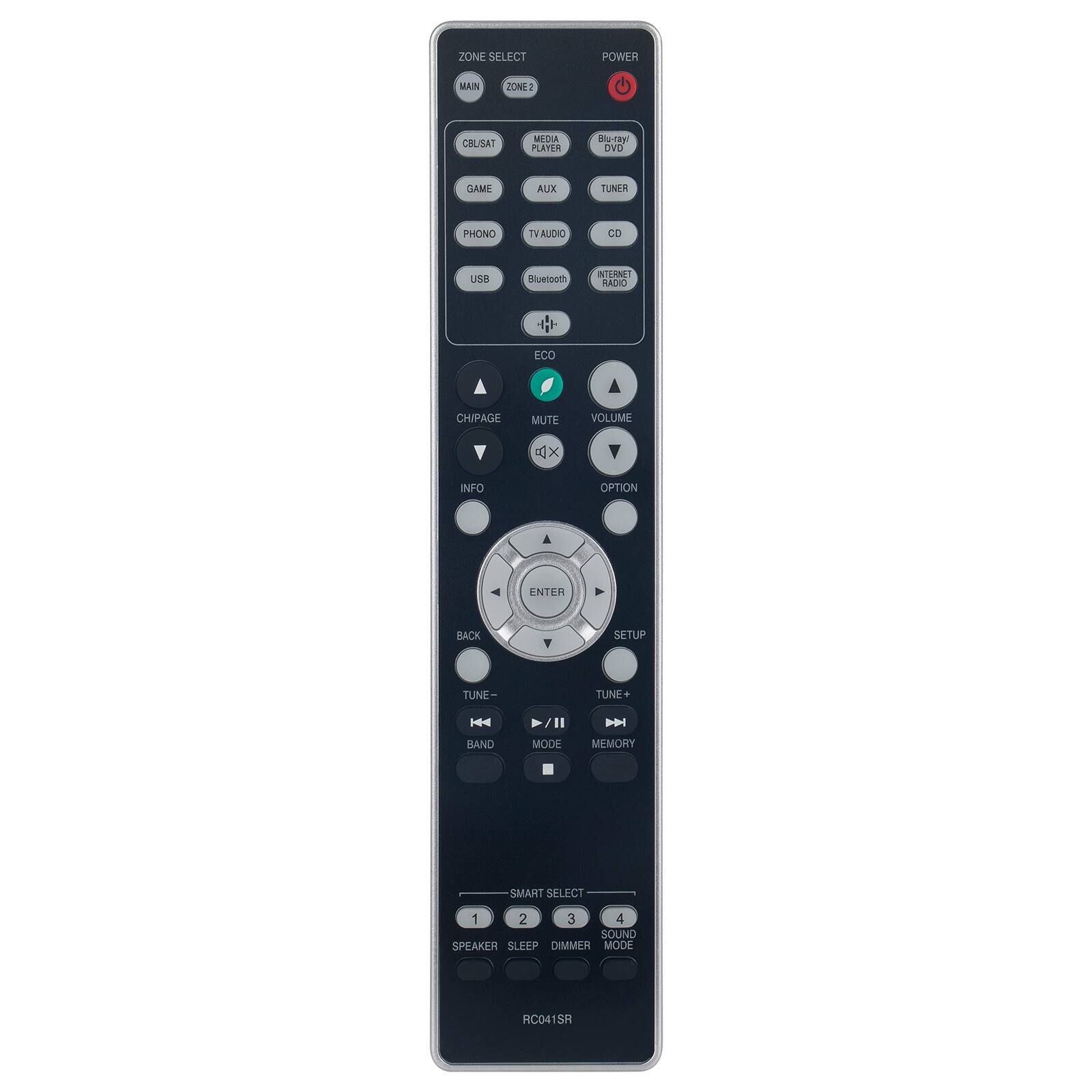 ZONE SELECT  
MAN ZONE2  

CBL/SAT  
MEDIA PLAYER  

GAME  
AUX  

PHONO  
TV AUDIO  

USB  
BLUETOOTH  

POWER  

CH/PAGE  
MUTE  
VOLUME  
OPTION  

ENTER  
SETUP  

TUNE-  
BAND  
TUNE+  
MODE  
MEMORY  

SMART SELECT  
1 2 3 4  

SPEAKER  
SLEEP  
DIMMER  
SOUND MODE  

RC0415H
