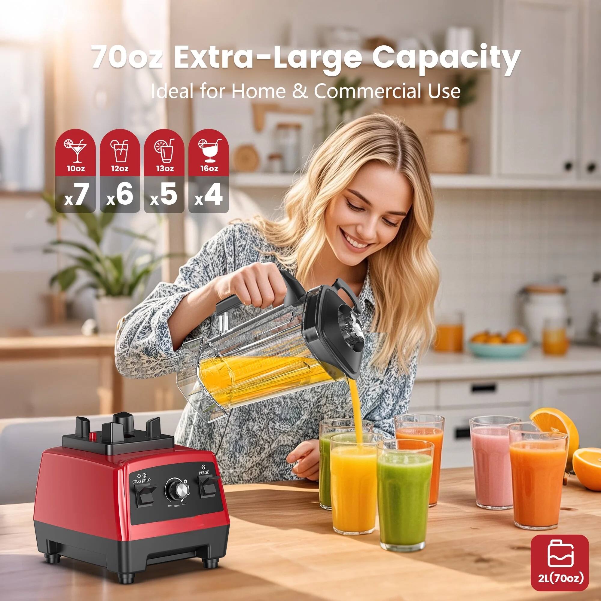 70oz Extra-Large Capacity  
Ideal for Home & Commercial Use  

10oz x7  
12oz x6  
13oz x5  
16oz x4  

2L (70oz)