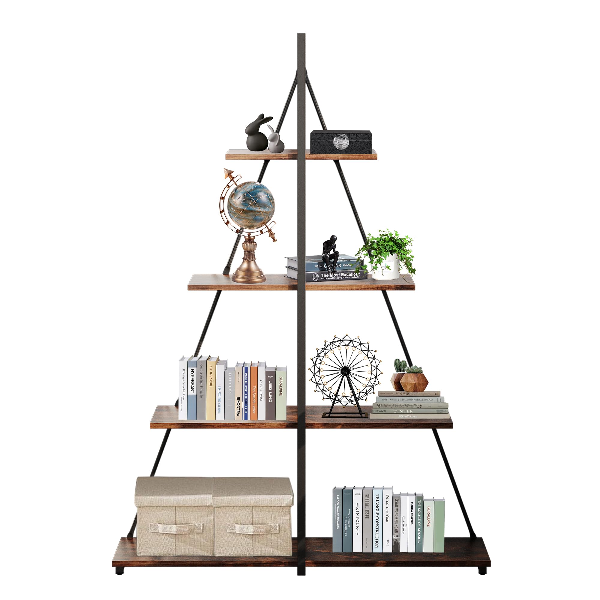 Jojoka - 4-Tier Ladder Bookshelf, A-Shaped Sailboat Style Bookcase, Metal Frame Freestanding Open Display Shelf - Brown
