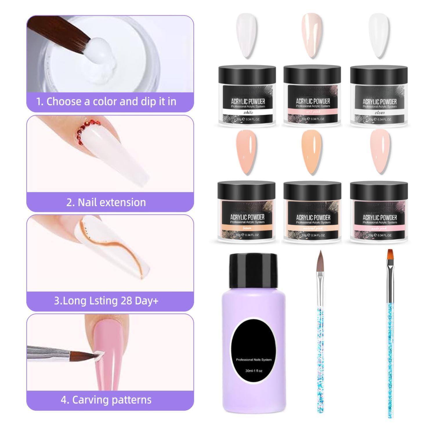1. Choose a color and dip it in  
2. Nail extension  
3. Long Lasting 28 Day+  
4. Carving patterns  

ACRYLIC POWDER  
- akile  
- clear  
- nude  
- pink  
- white  

Professional Nail System  
30ml - 1 fl oz  

ACRYLIC POWDER  
- akile  
- clear  
- nude  
- pink  
- white  

Professional Nail System  
30ml - 1 fl oz