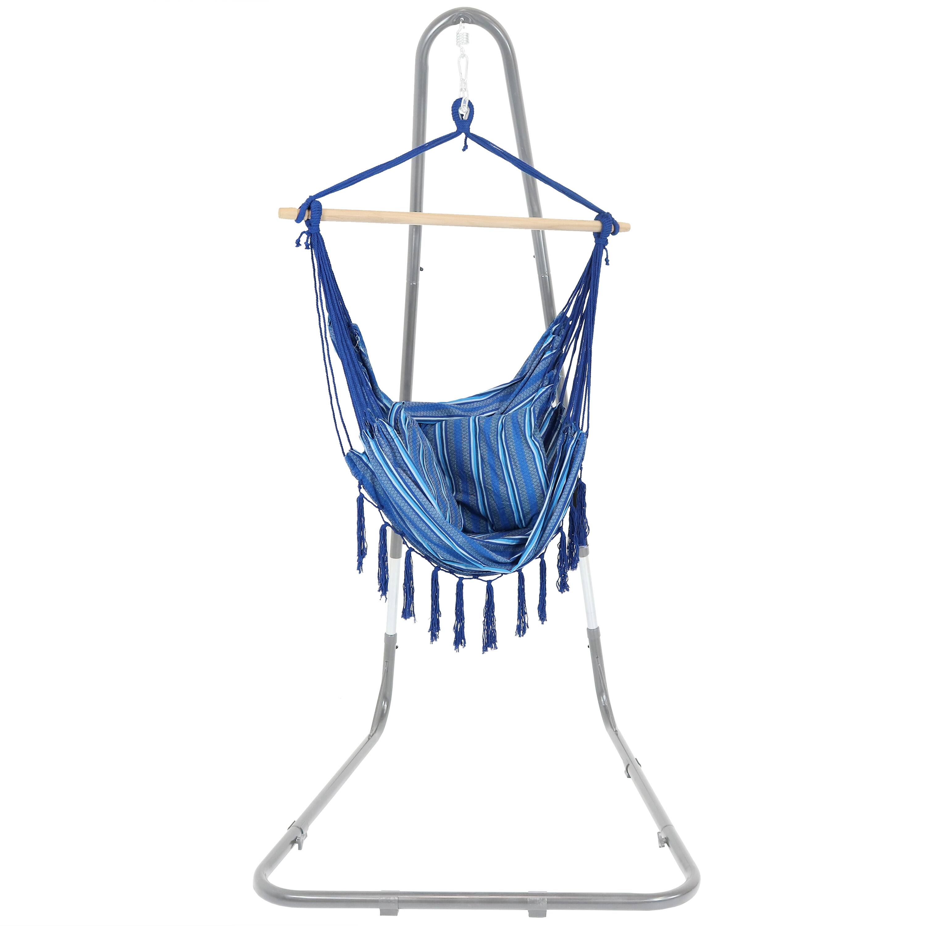 Alt View 7. Sunnydaze - Polyester Hammock Chair with Cushions and Fringe - Cornflower Stripes.