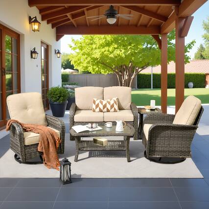 Front. Ovios - 5 PCS Outdoor Wicker Patio Furniture Set, Comfy Loveseat with Swivel Chair & Coffee Table - Beige.