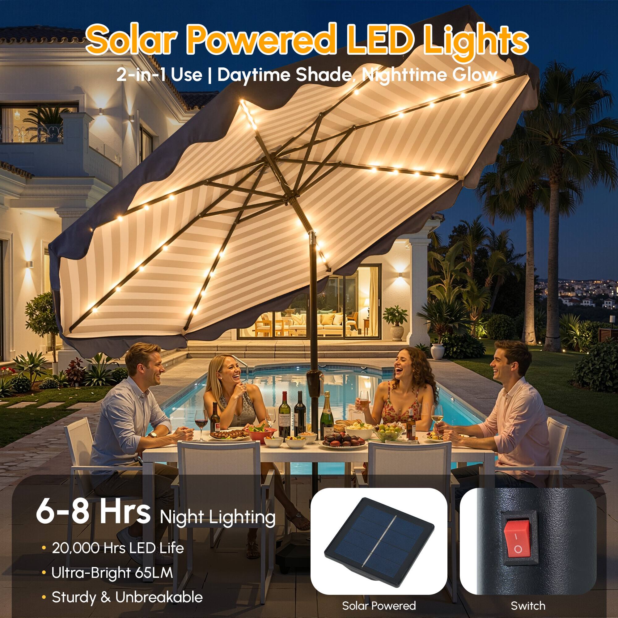 Solar Powered LED Lights  
2-in-1 Use | Daytime Shade, Nighttime Glow  

6-8 Hrs Night Lighting  
- 20,000 Hrs LED Life  
- Ultra-Bright 65LM  
- Sturdy & Unbreakable  

Solar Powered  
Switch
