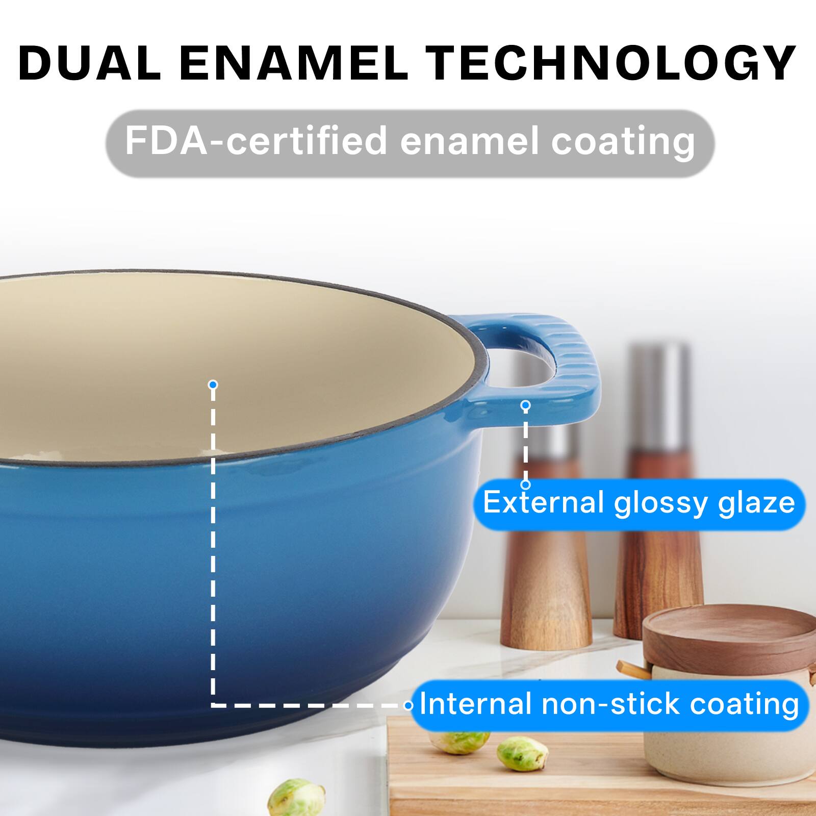 DUAL ENAMEL TECHNOLOGY

FDA-certified enamel coating

External glossy glaze

Internal non-stick coating