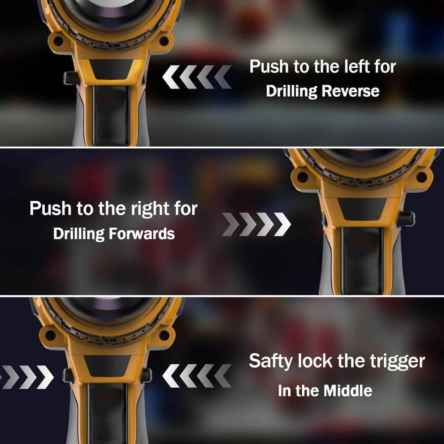 Push to the left for Drilling Reverse  
Push to the right for Drilling Forwards  
Safety lock the trigger in the Middle