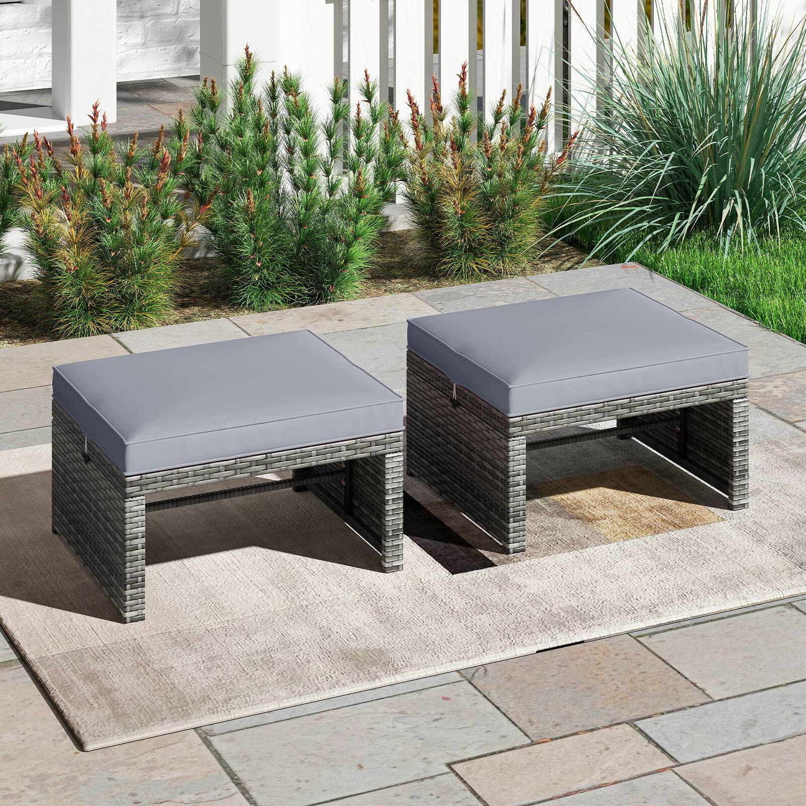 Alt View 1. Gymax - Gymax 2 Pieces Patio PE Rattan Ottomans with Soft Zippered Cushions for Deck Gray - Gray.