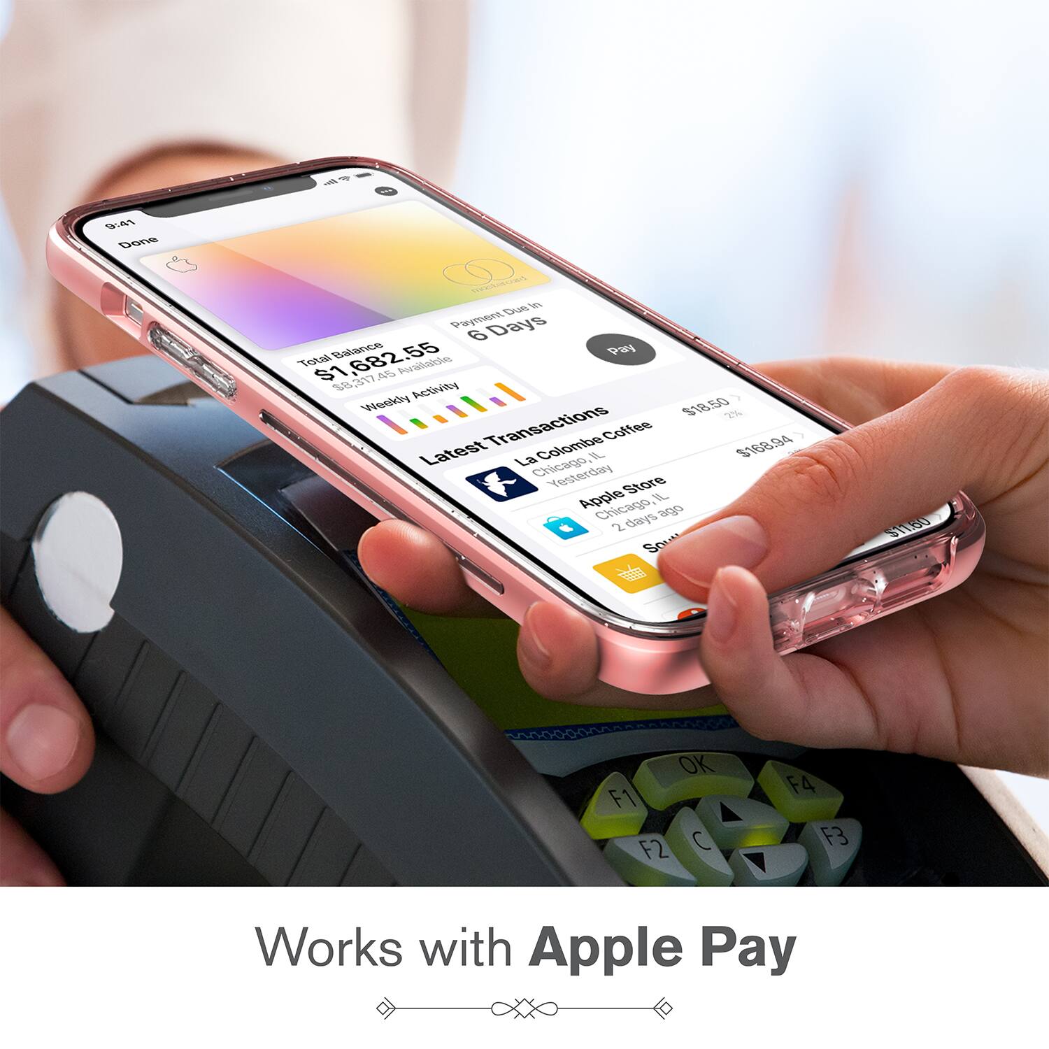 wB Done WECe Dus N Payment Days 6 Total $1.682.55 Balance  t Porthaichn 8 27 1dtg Wenkly 1 18.50 18 C% Transactions Colombe Coffee $168 kP A Latest & % La Chicago Vesterday Store Apple B Chicago days ago 2 Sou  S11SO OK F1 F2 C F4 F3 Works with Apple Pay