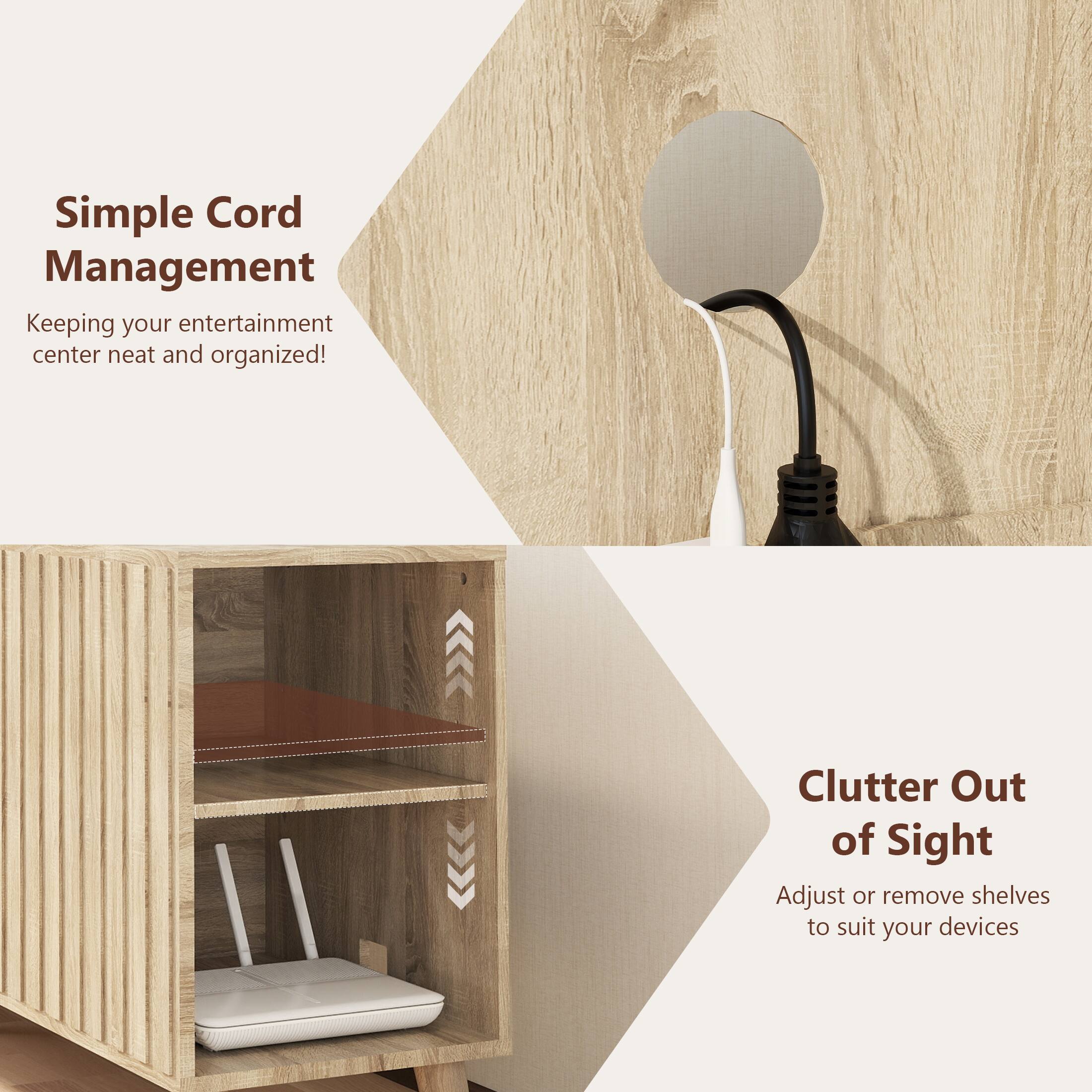 Simple Cord Management
Keeping your entertainment center neat and organized!
Clutter Out of Sight
Adjust or remove shelves to suit your devices