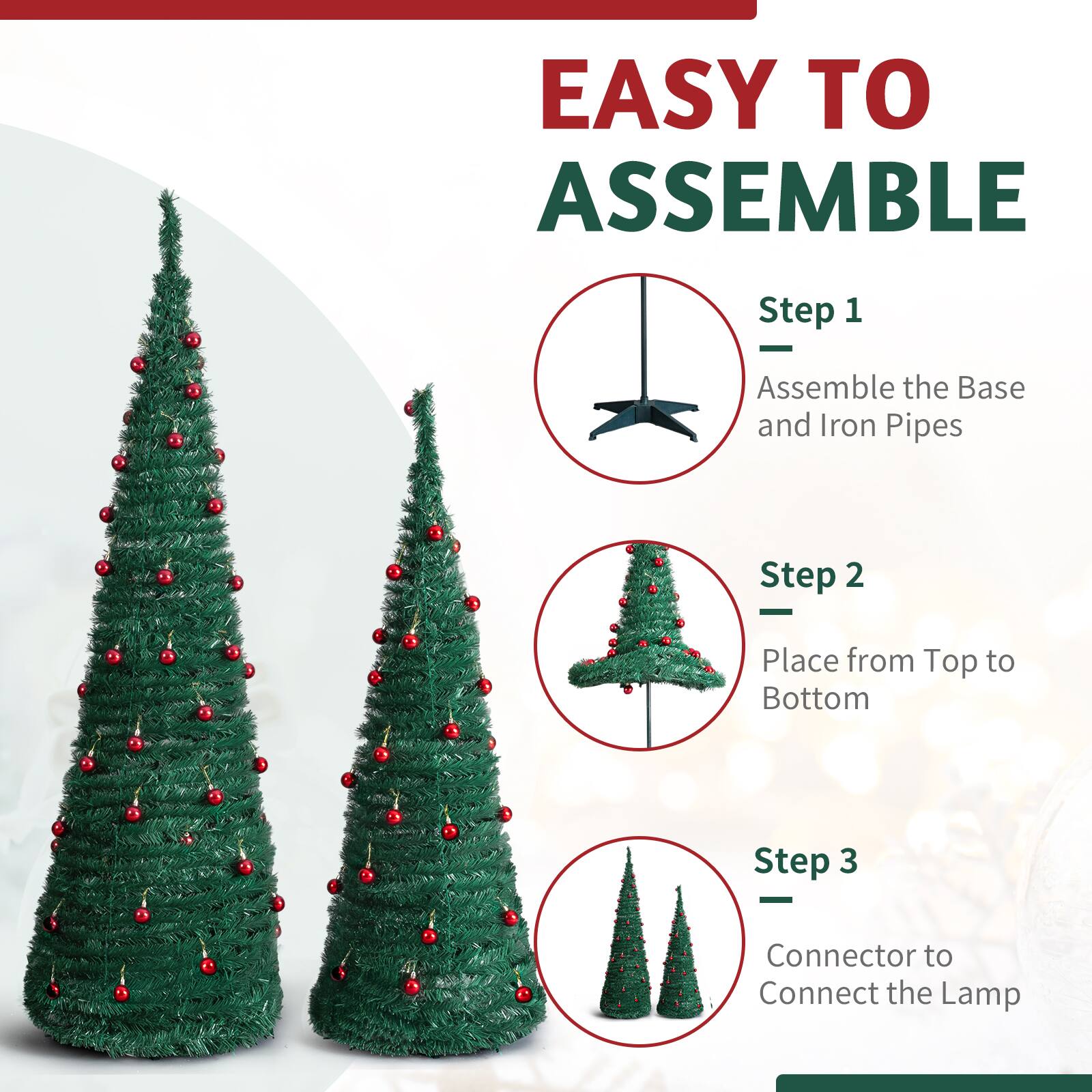 EASY TO ASSEMBLE

Step 1  
Assemble the Base and Iron Pipes

Step 2  
Place from Top to Bottom

Step 3  
Connector to Connect the Lamp