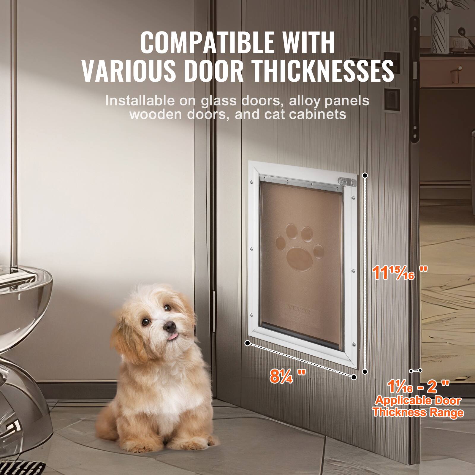 COMPATIBLE WITH VARIOUS DOOR THICKNESSES

Installable on glass doors, alloy panels, wooden doors, and cat cabinets

Applicable Door Thickness Range: 11/16" - 2"

11 15/16"

8 1/4"