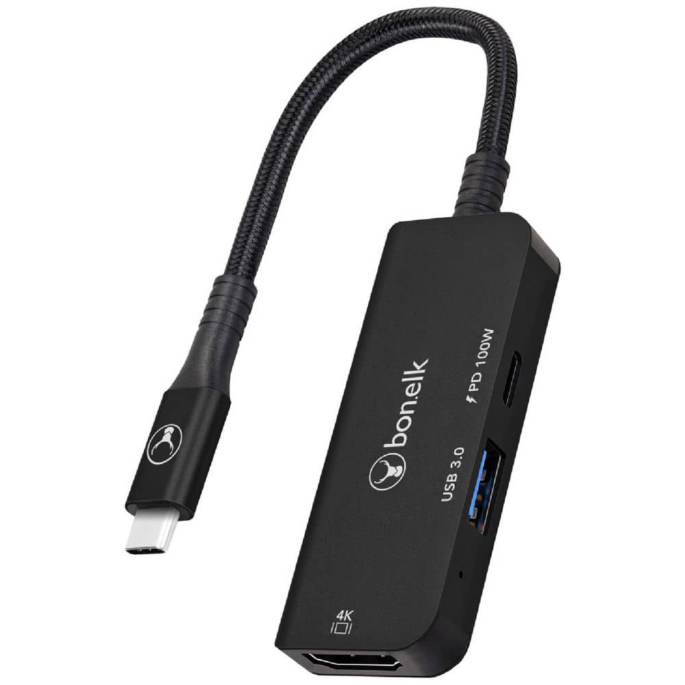 Bonelk - USB-C 3-in-1 Hub with 4K HDMI, USB 3.0 and PD 100W Charging Port - Black