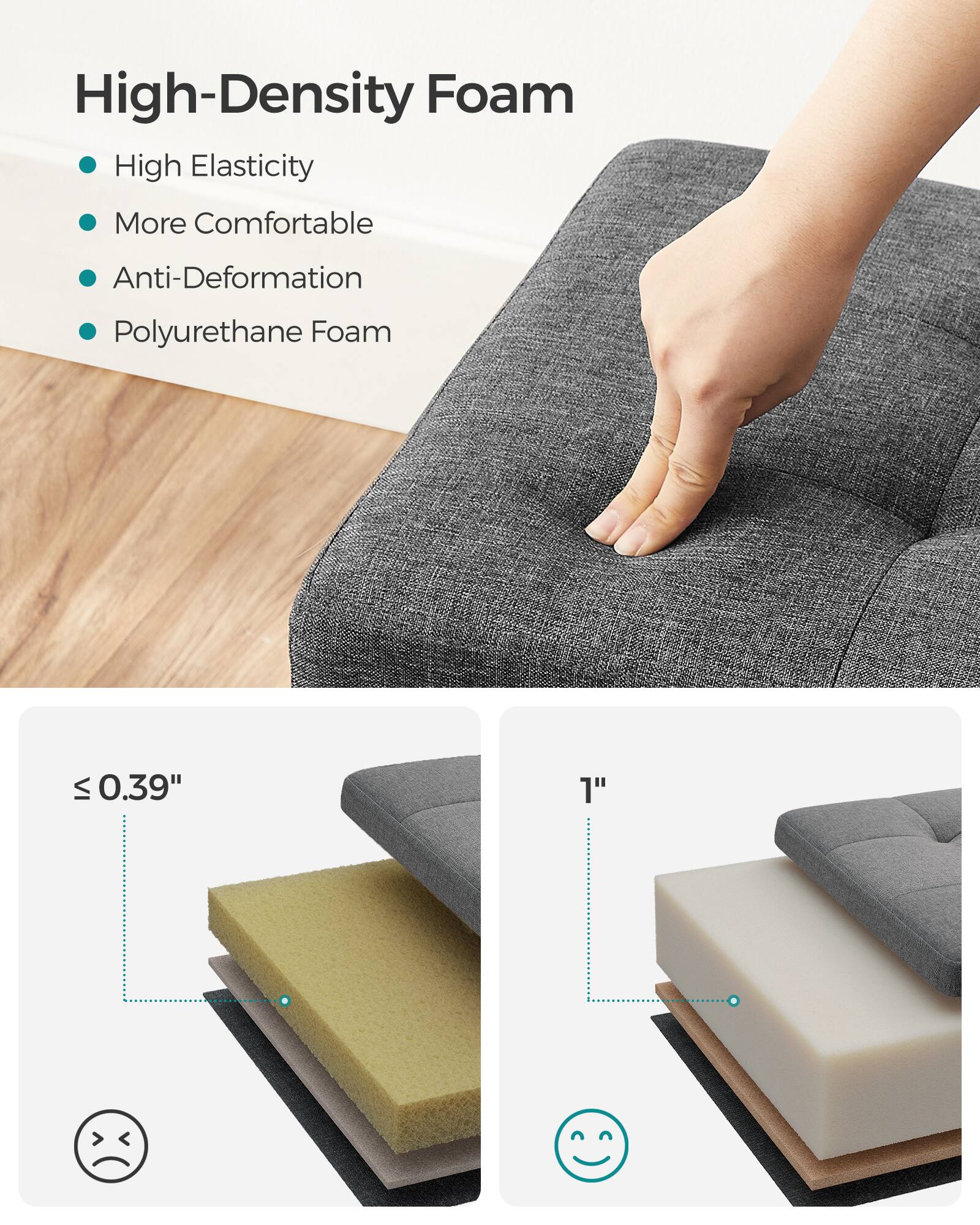 High-Density Foam  
- High Elasticity  
- More Comfortable  
- Anti-Deformation  
- Polyurethane Foam  

≤ 0.39"