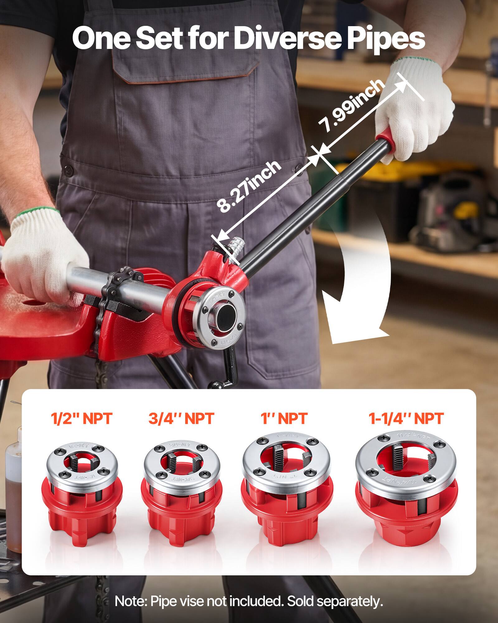 One Set for Diverse Pipes  
7.99inch 8.27inch  
1/2" NPT - 3/4" NPT - 1" NPT - 1-1/4" NPT  
SSNET W1 l J3 - SUN  
Note: Pipe vise not included. Sold separately.