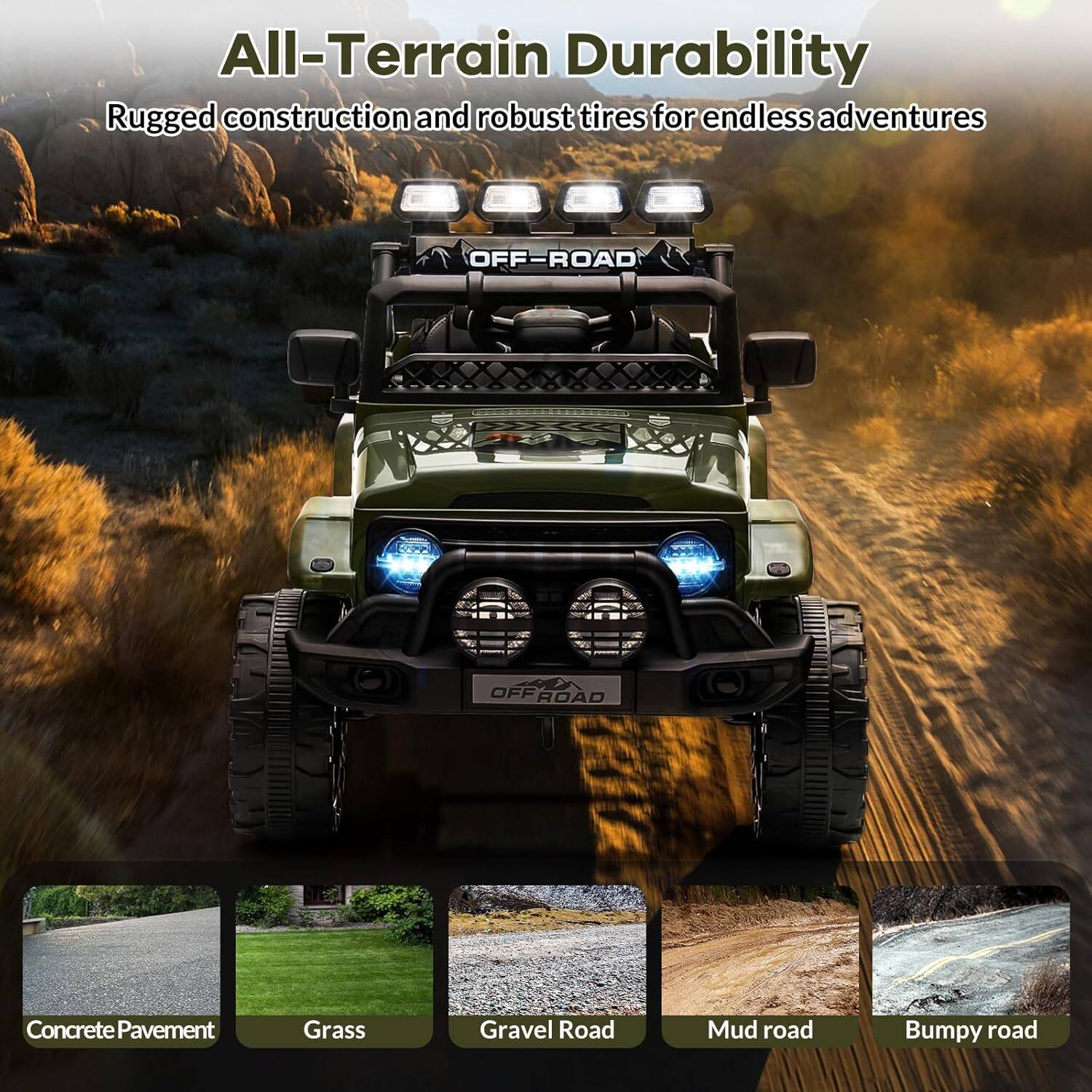 All-Terrain Durability  
Rugged construction and robust tires for endless adventures  

Concrete Pavement  
Grass  
Gravel Road  
Mud road  
Bumpy road