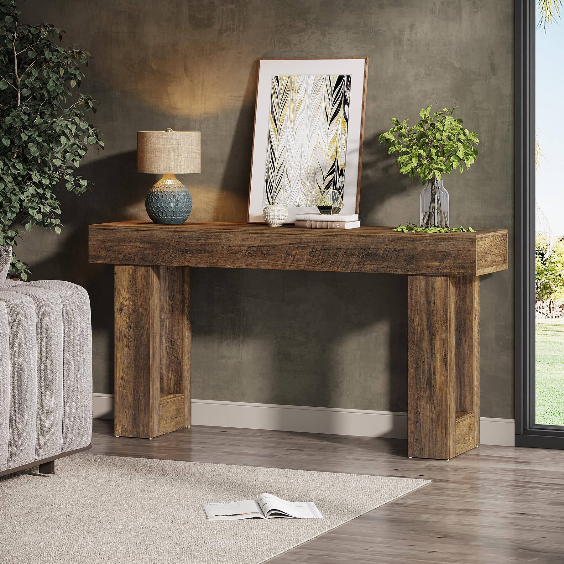 Left. Tribesigns - 63-Inch Long Console Table, Wooden Rectangular Sofa Table Behind The Couch, Farmhouse Entryway Table for Entrance, Hallw - Dark Walnut (63").