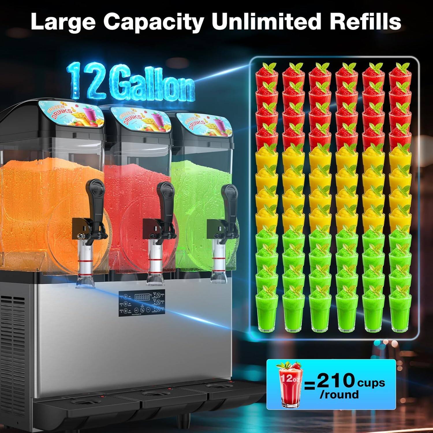 Large Capacity Unlimited Refills  
12 Gallon  
12 oz = 210 cups / round
