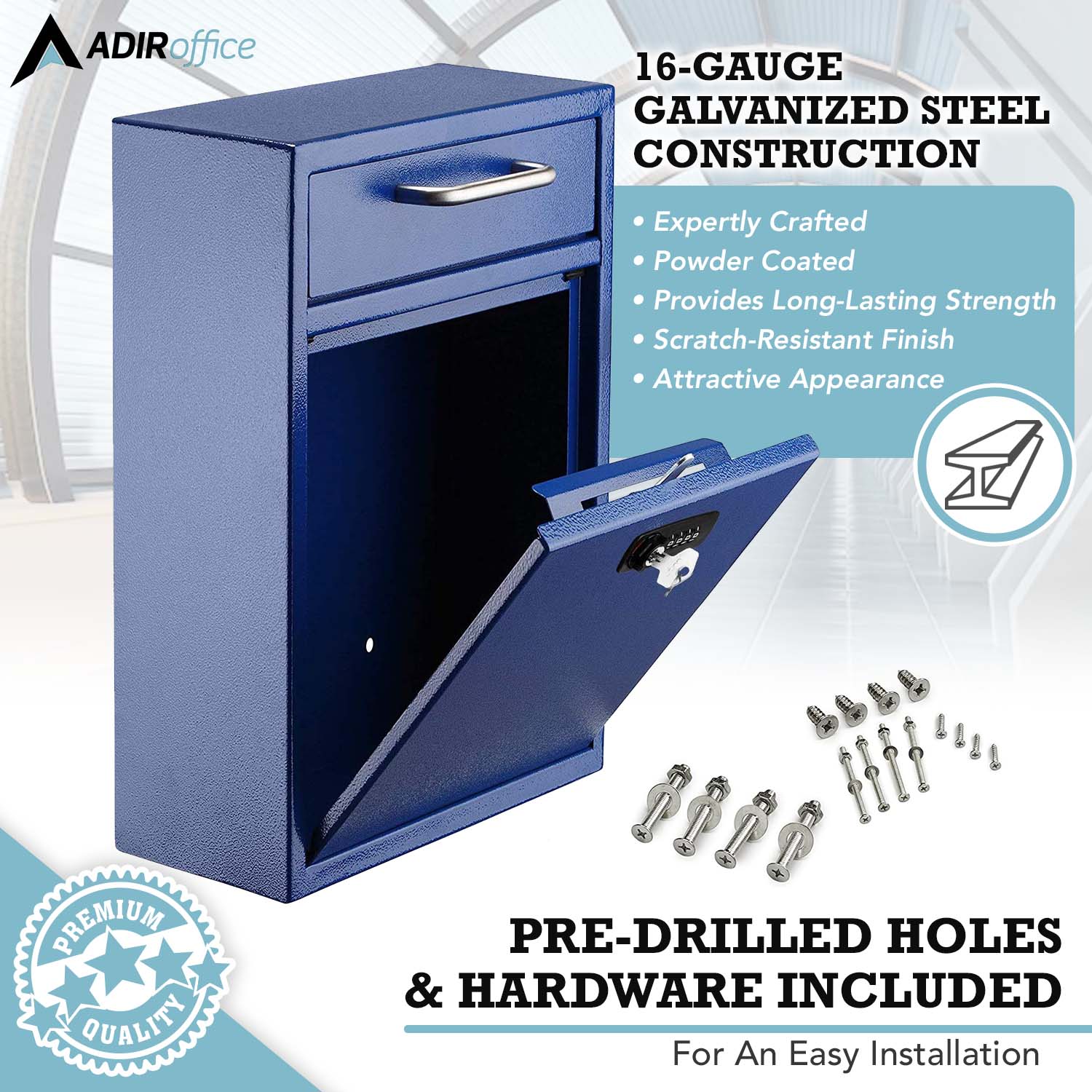 ADIRoffice, 16-GAUGE GALVANIZED STEEL CONSTRUCTION, Expertly Crafted, Powder Coated, Provides Long-Lasting Strength, Scratch-Resistant Finish, Attractive Appearance, PREMIUM QUALITY, PRE-DRILLED HOLES & HARDWARE INCLUDED, For An Easy Installation