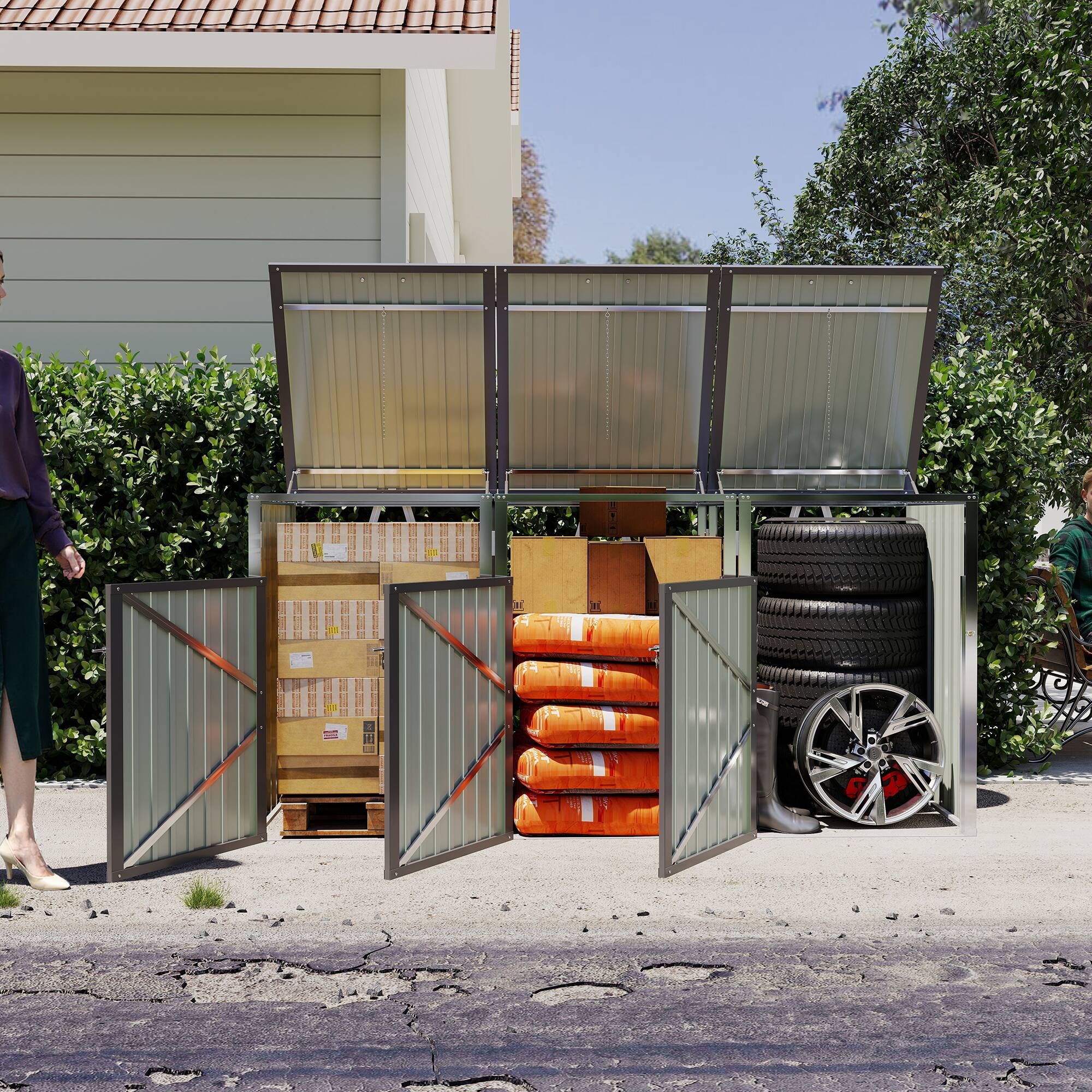 Left. Mondawe - 3 Trash Garbage Bin Shed Stores with Pneumatic Support Rod,Lockable Doors & Waterproof Lid Chain - Light Gray.