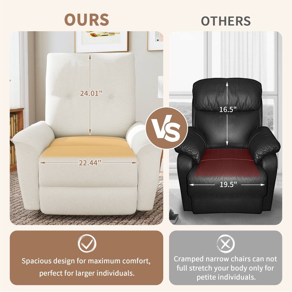 OURS OTHERS  
24.01" vs 16.5"  
22.44" vs 19.5"  
Spacious design for maximum comfort, perfect for larger individuals.  
X Cramped narrow chairs can not full stretch your body only for petite individuals.
