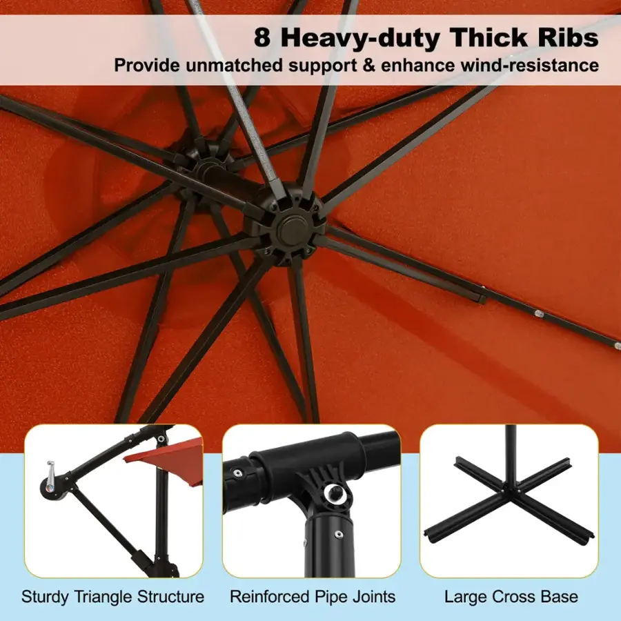 The text on the image reads: "8 Heavy-duty Thick Ribs Provide unmatched support & enhance wind-resistance Sturdy Triangle Structure Reinforced Pipe Joints Large Cross Base."