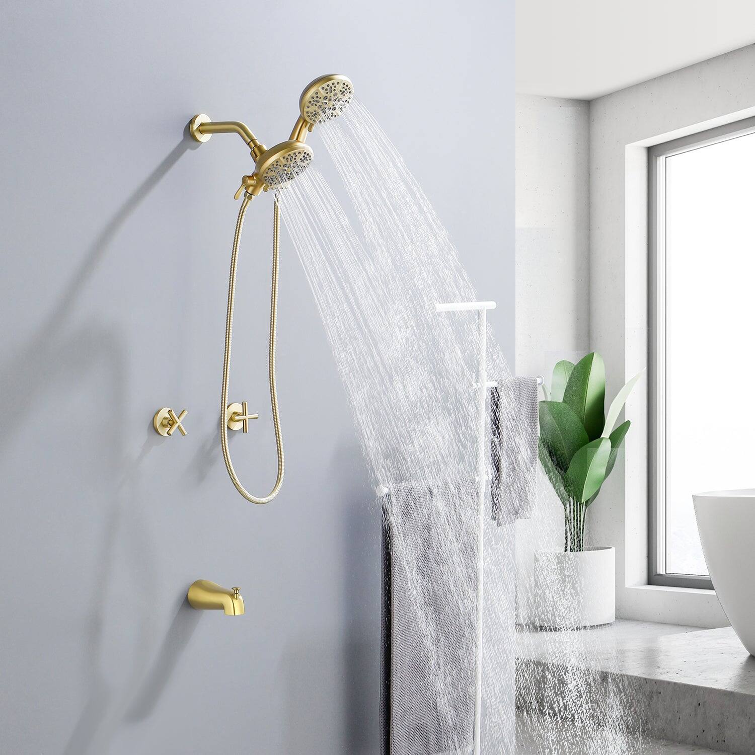 Alt View 4. Boyel Living - Brushed Gold Shower Set with 7 Function Dual Shower Heads and Tub Spout - Brushed Gold.