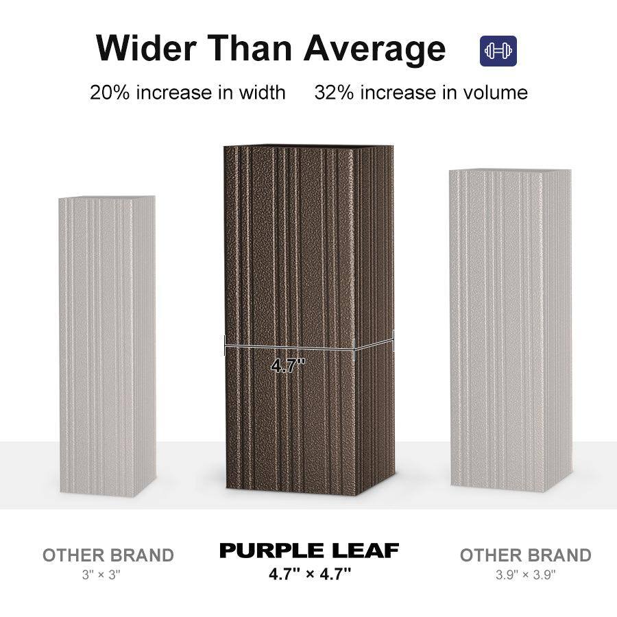Wider Than Average  
20% increase in width  
32% increase in volume  

OTHER BRAND  
3" x 3"  

PURPLE LEAF  
4.7" x 4.7"  

OTHER BRAND  
3.9" x 3.9"