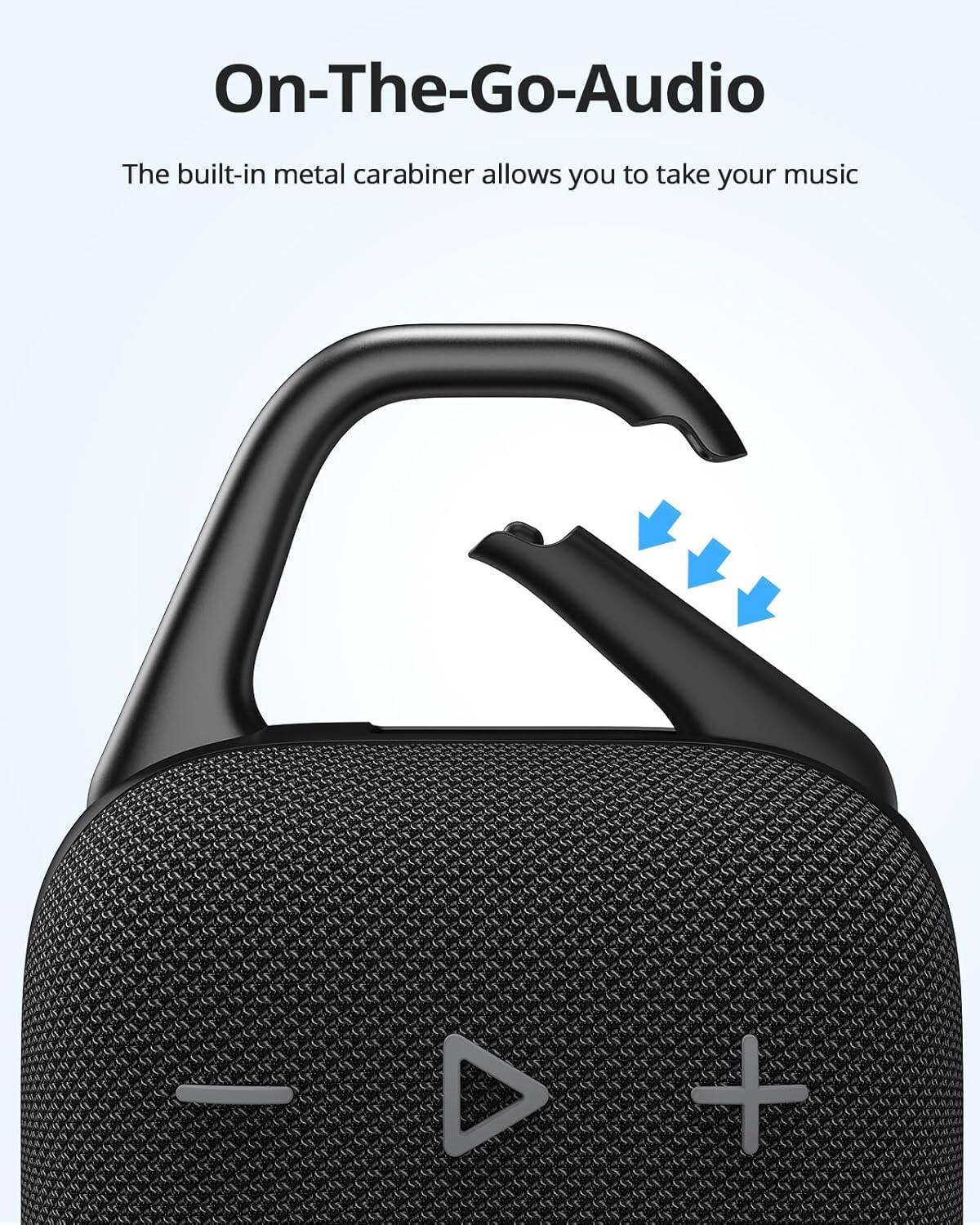 On-The-Go-Audio: The built-in metal carabiner allows you to take your music with you wherever you go.