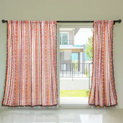Front. Oumilen - 2-Pack Boho Striped Sheer Curtains, Colorful Tassel Trim Light Filtering Window Curtains Rod Pocket 60x102 Inch - Multicolor.