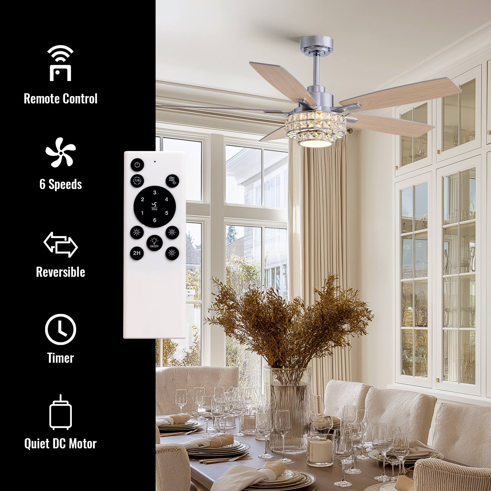 Remote Control  
6 Speeds  
Reversible  
Timer  
Quiet DC Motor