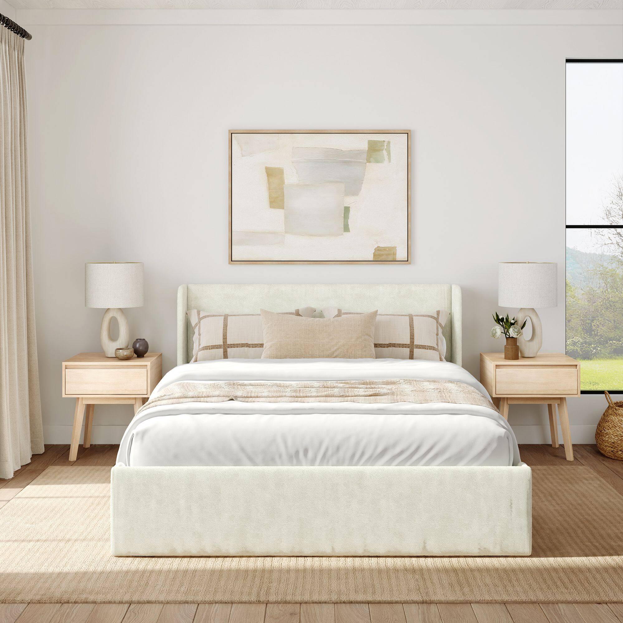 Alt View 1. Plank+Beam - Upholstered Bed with Rectangular Headboard (Queen), Cream - Cream.