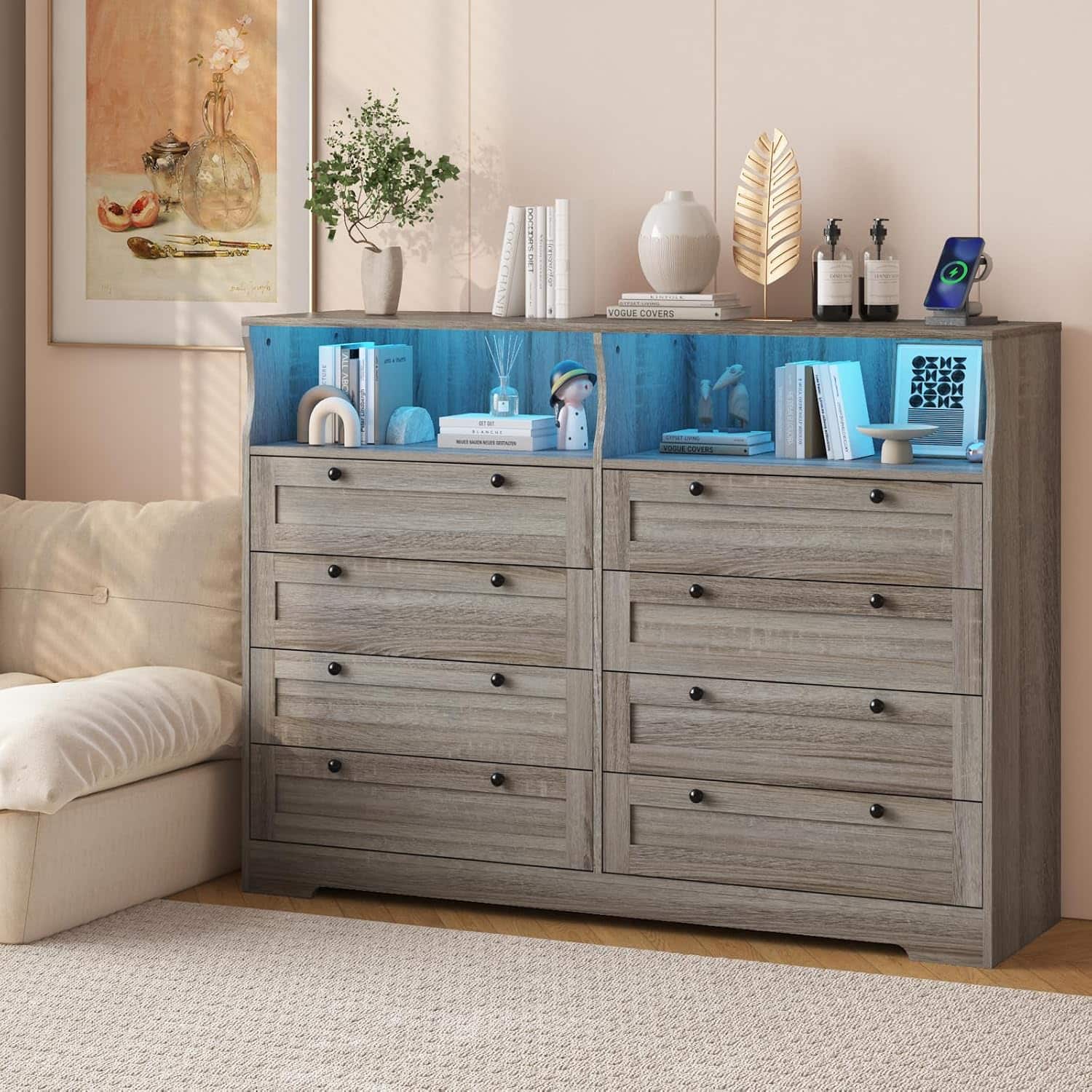 GARVEE - 8 Drawer Wood Dresser, Wide Chest Storage for Bedroom, Living Room, Hallway, TV Stand for Up to 55" TV - Gray