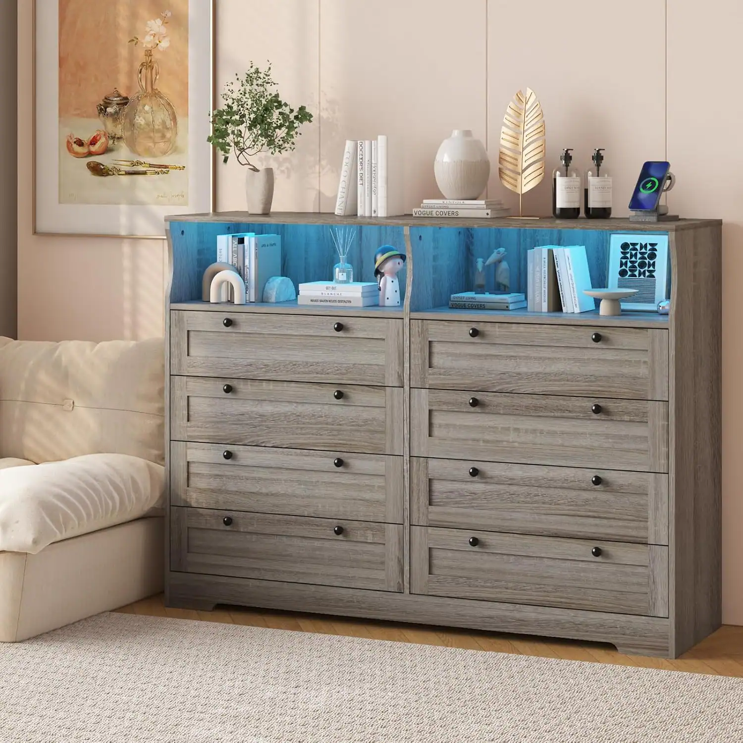 GARVEE - 8 Drawer Wood Dresser, Wide Chest Storage for Bedroom, Living Room, Hallway, TV Stand for Up to 55" TV - Gray