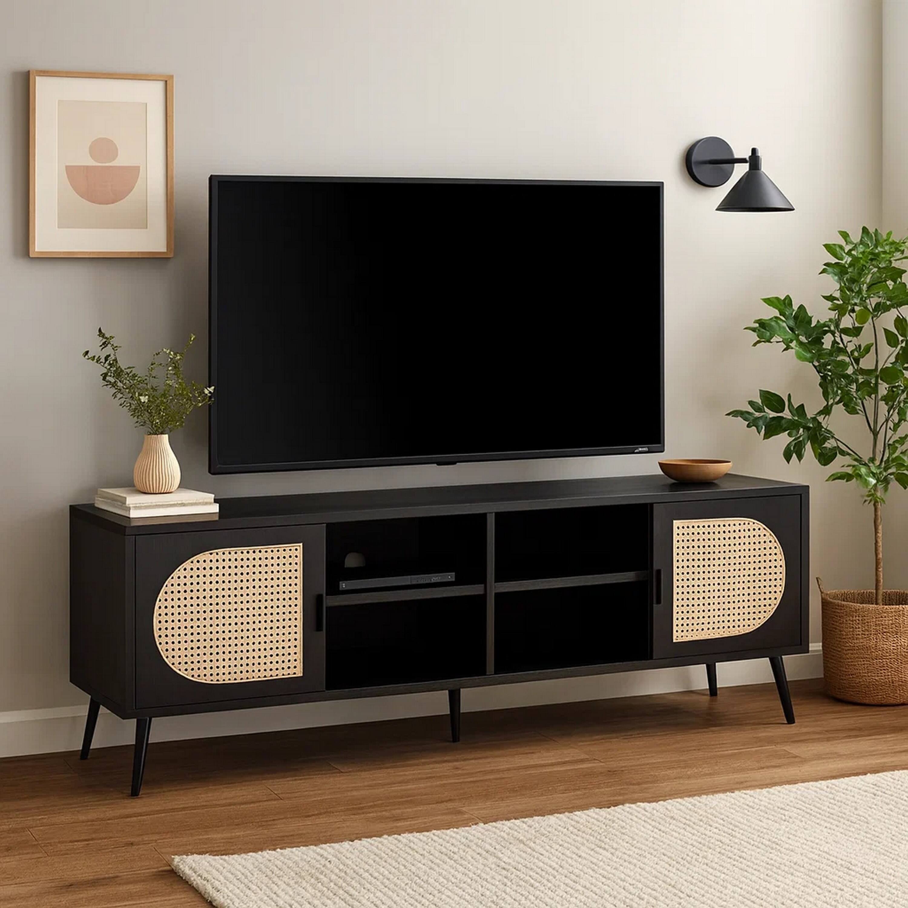 Alt View 5. Manhattan Lane - 60 Inch TV Entertainment Center, Rattan Front 2 Cabinet, Metal Legs, Black - Black.