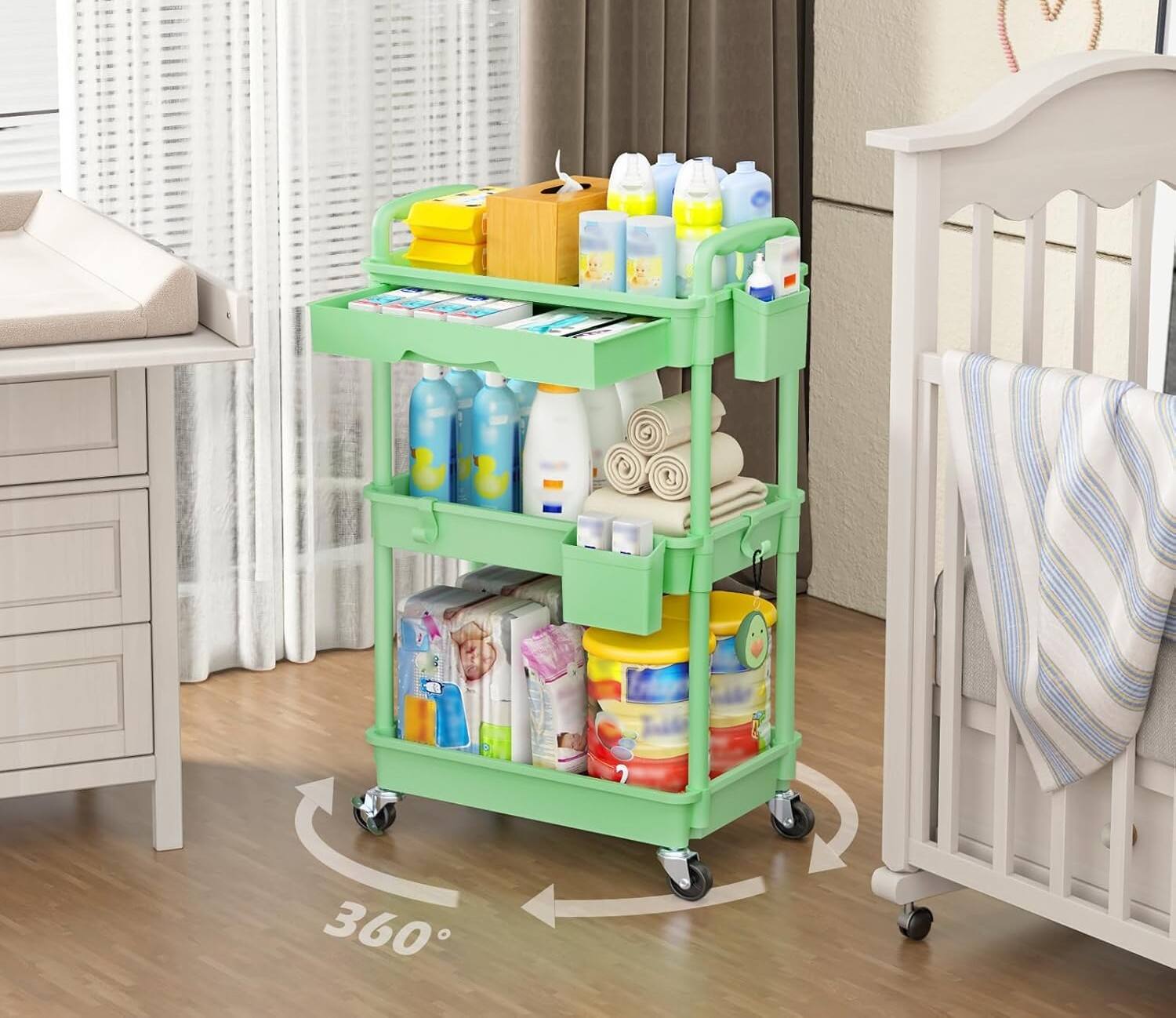 Alt View 1. FINEAK - 3-Tier Rolling Utility Cart-Removable Drawer & Lockable Wheels - Green.