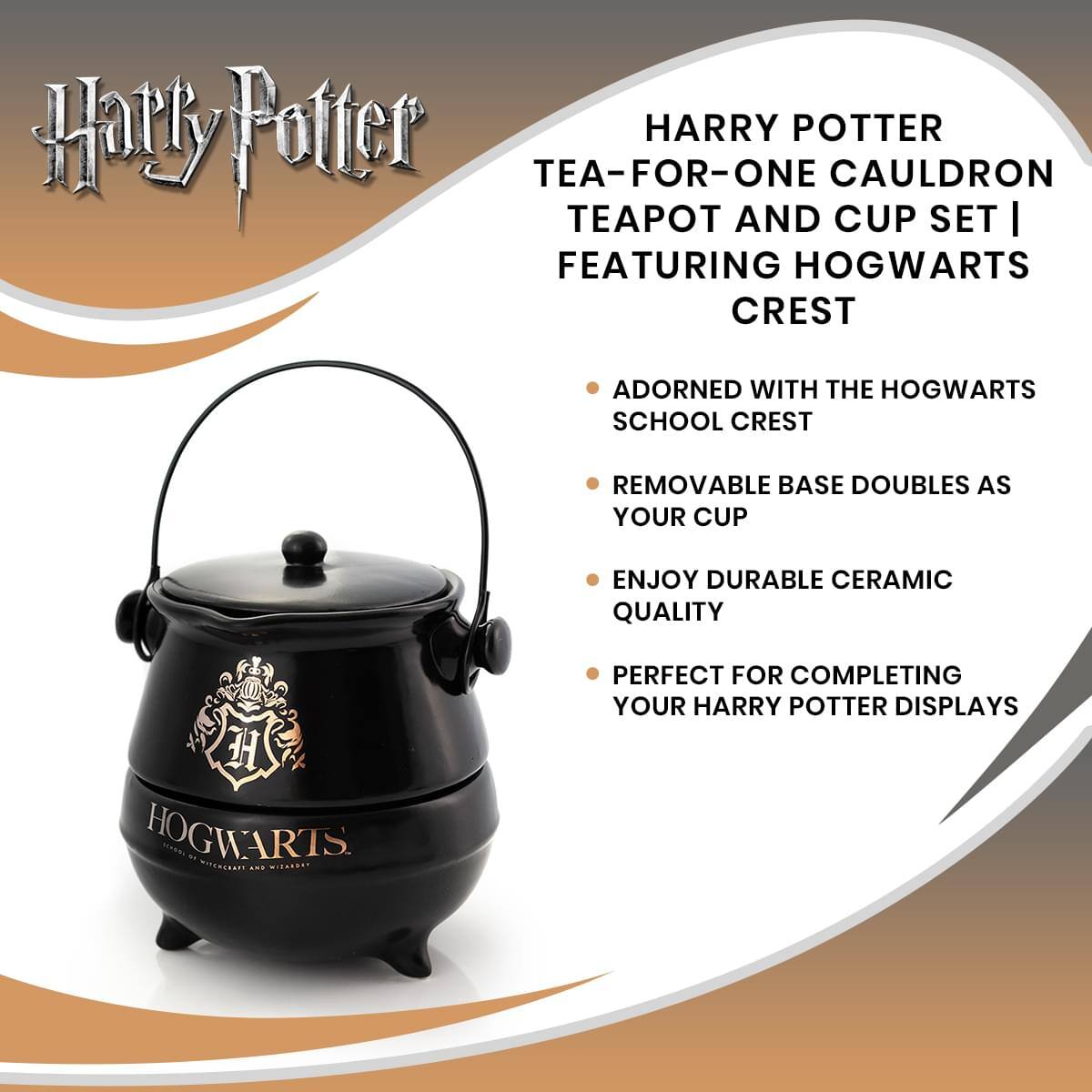Harry Potter Tea-For-One Cauldron Teapot and Cup Set | Featuring Hogwarts Crest

- Adorned with the Hogwarts School Crest
- Removable base doubles as your cup
- Enjoy durable ceramic quality
- Perfect for completing your Harry Potter displays