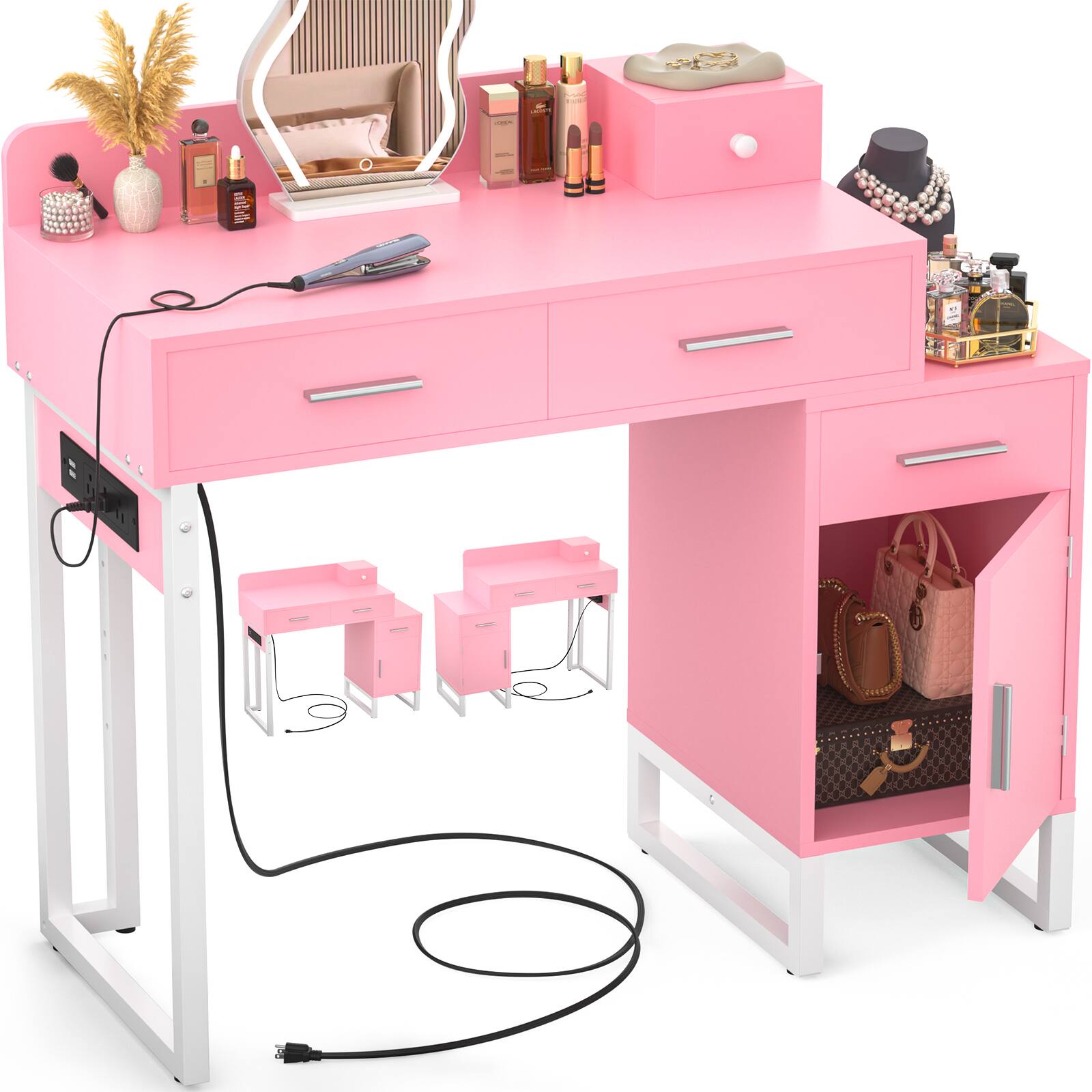 Alt View 2. Aheaplus - Vanity Desk With 4 Drawers and Cabinet, Small Makeup Vanity Table With Charge Station for Apartment/Dorm/Bedroom - Pink.