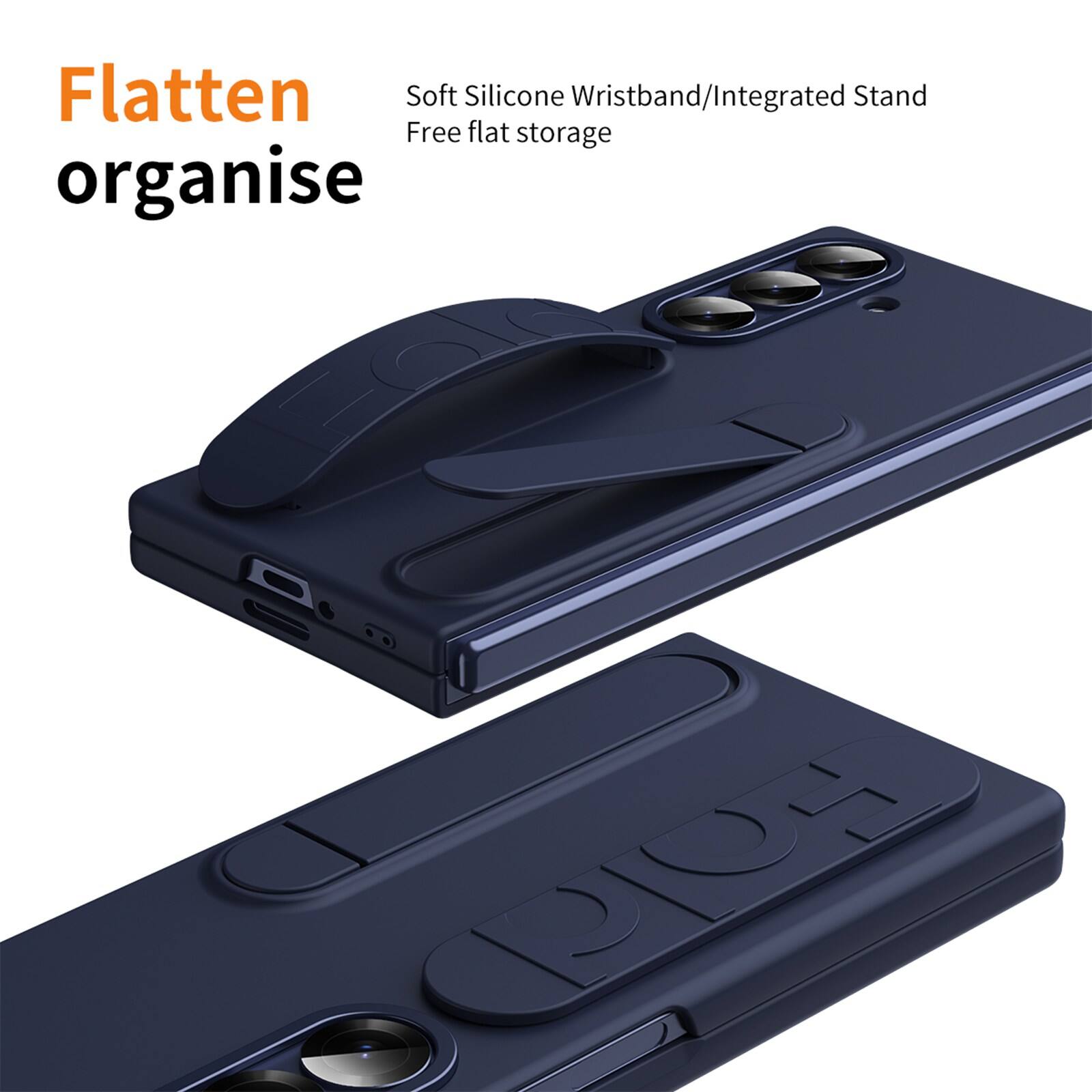 Flatten  
organise  

Soft Silicone Wristband/Integrated Stand  
Free flat storage