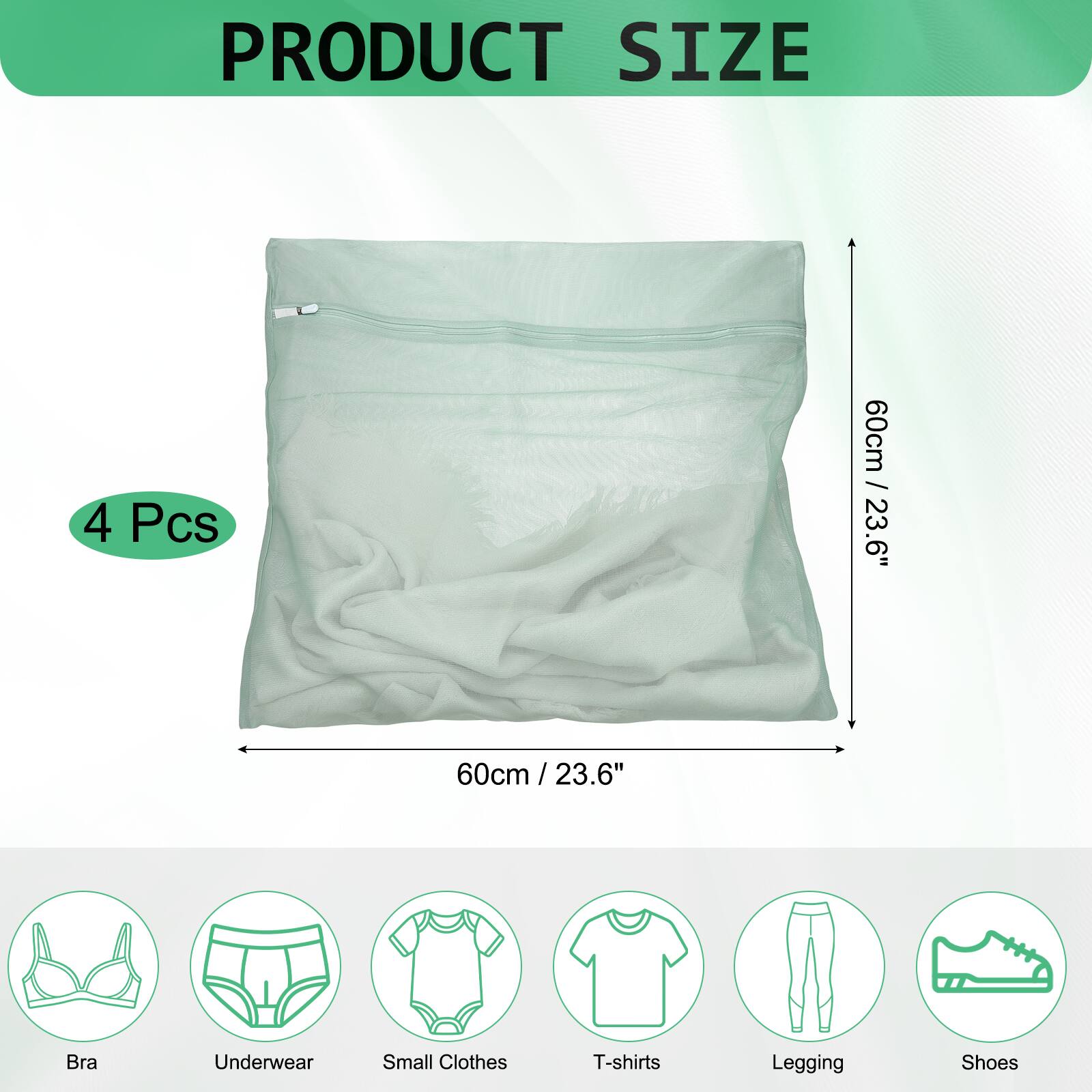 PRODUCT SIZE

4 Pcs

60cm / 23.6" / 60cm / 23.6"

Bra
Underwear
Small Clothes
T-shirts
Legging
Shoes