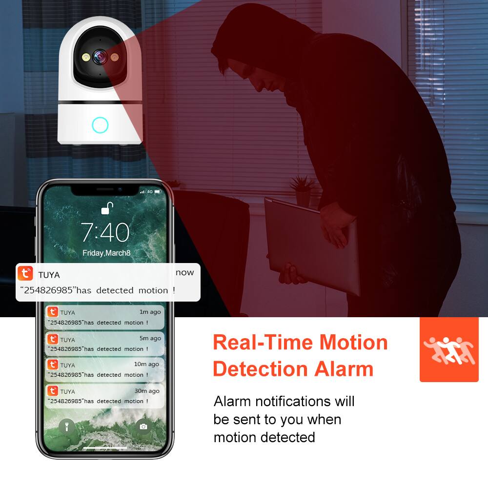 7:40  
Friday, March 8  

TUYA  
*254826985* has detected motion!  

TUYA  
*254826985* has detected motion!  
1m ago  

TUYA  
*254826985* has detected motion!  
5m ago  

TUYA  
*254826985* has detected motion!  
10m ago  

TUYA  
*254826985* has detected motion!  
30m ago  

Real-Time Motion Detection Alarm  
Alarm notifications will be sent to you when motion detected