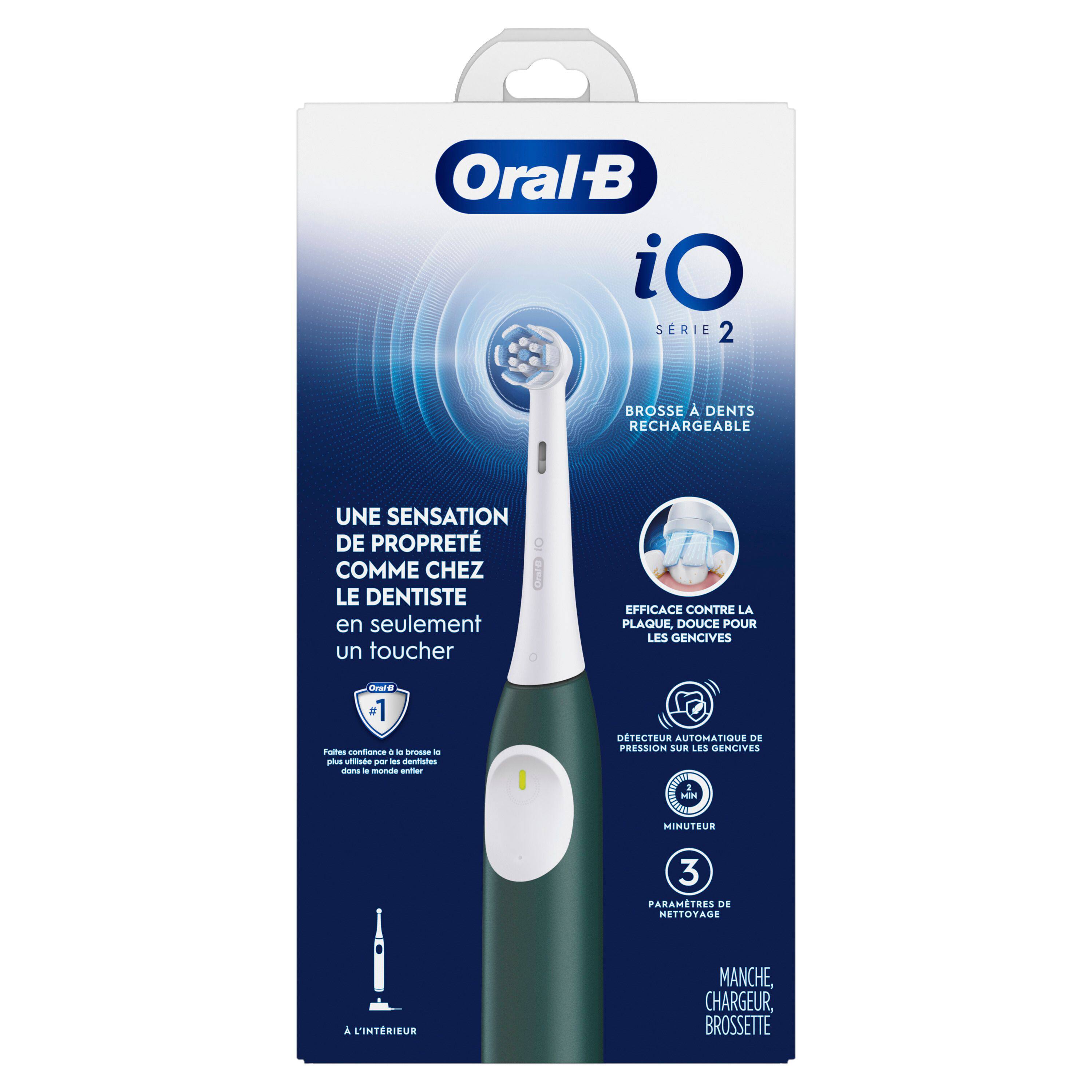 Oral-B iO Série 2  
Brosse à dents rechargeable  
Une sensation de propreté comme chez le dentiste en seulement un toucher  
Efficace contre la plaque, douce pour les gencives  
Détecteur automatique de pression sur les gencives  
2 minuteurs  
3 paramètres de nettoyage  
Manche, chargeur, brossette