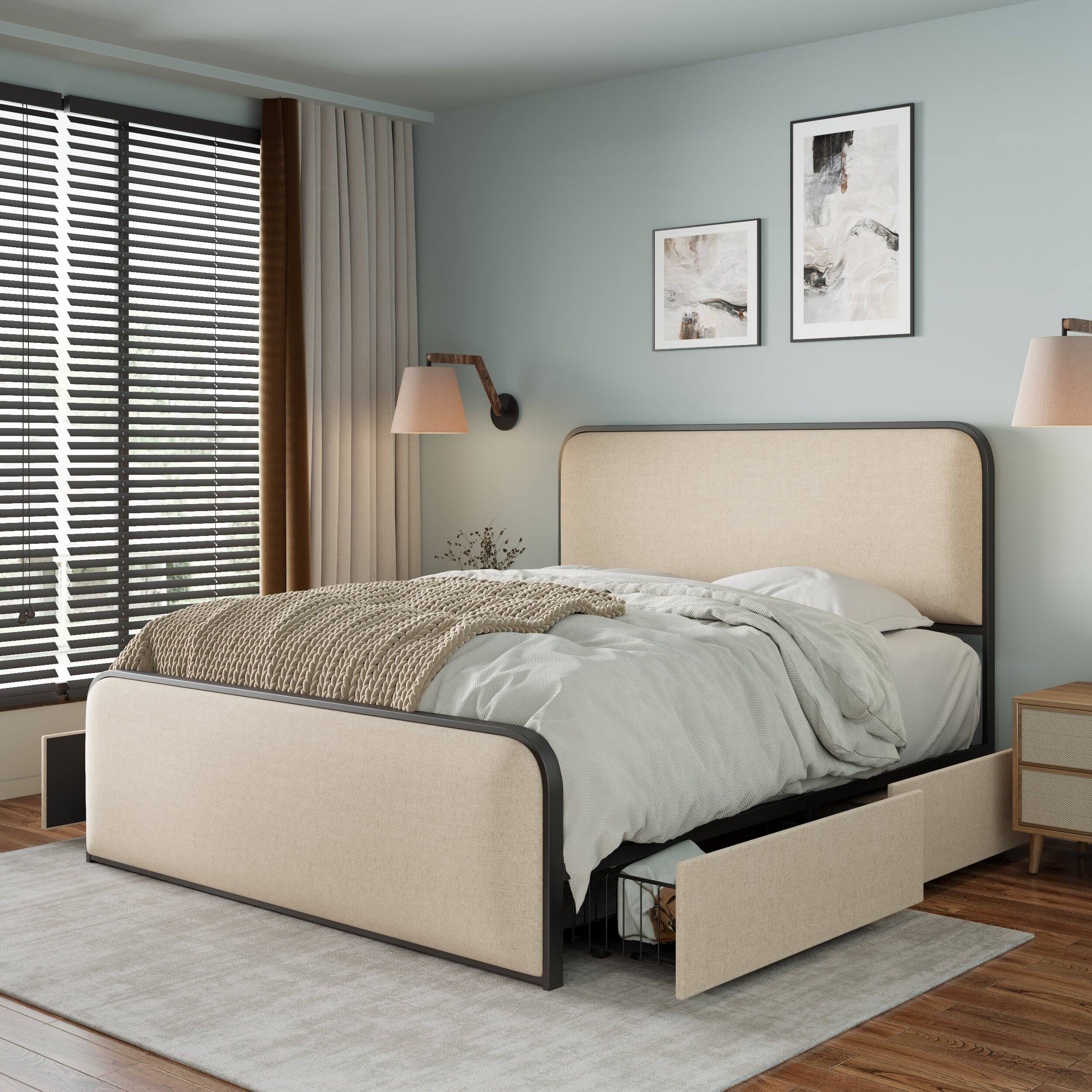 Angle. Tiramisubest - Modern Metal Bed Frame with 4 Storage Drawers, Heavy Duty Metal Slats, Queen Size, Beige - Beige.